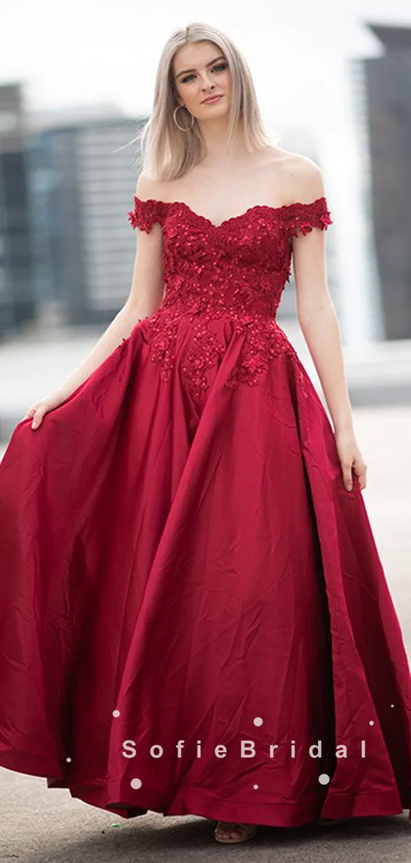 A-Line Off The Shoulder Red Satin Beaded Long Prom Dresses With Lace,SFPD0054