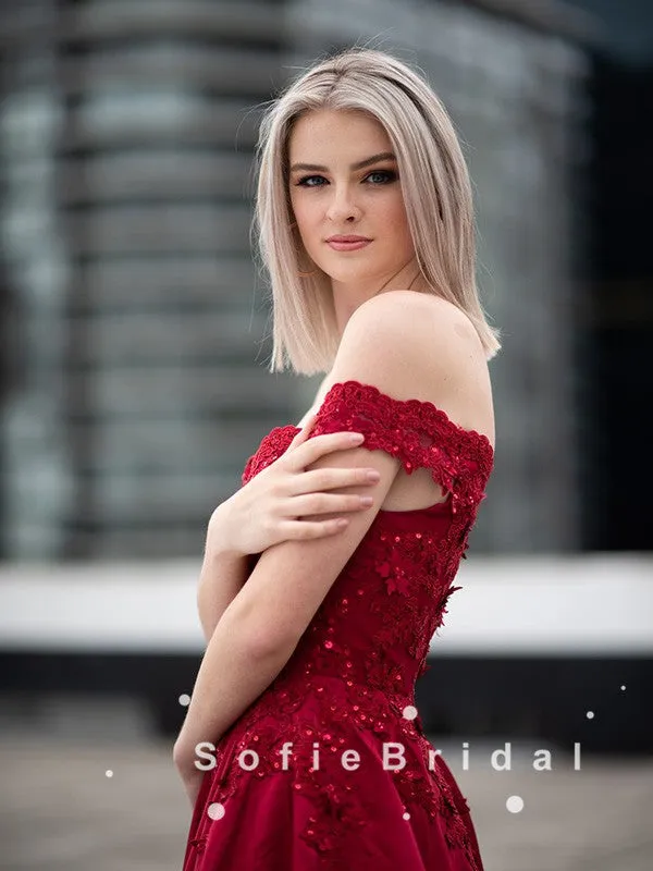 A-Line Off The Shoulder Red Satin Beaded Long Prom Dresses With Lace,SFPD0054