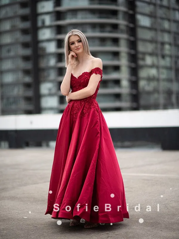 A-Line Off The Shoulder Red Satin Beaded Long Prom Dresses With Lace,SFPD0054