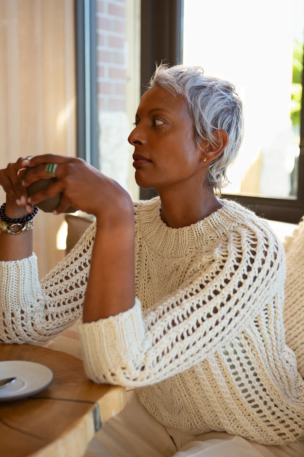 Alpaca Cable Knit Fisherman Sweater in Winter White