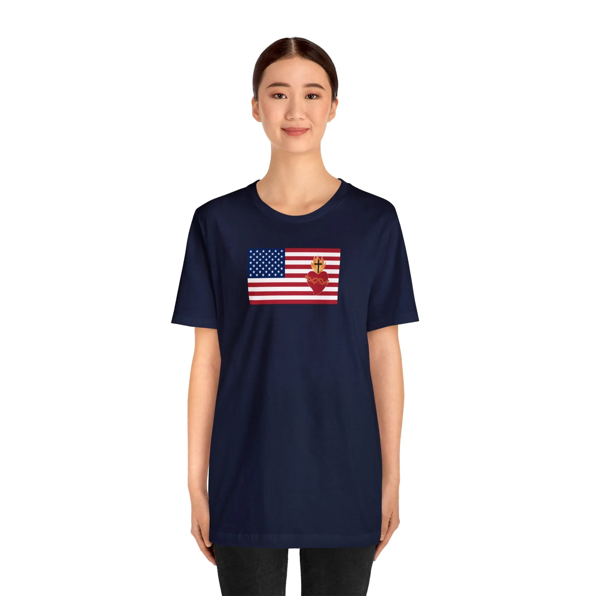 American USA Flag with sacred heart Christian Catholic religious t-shirt