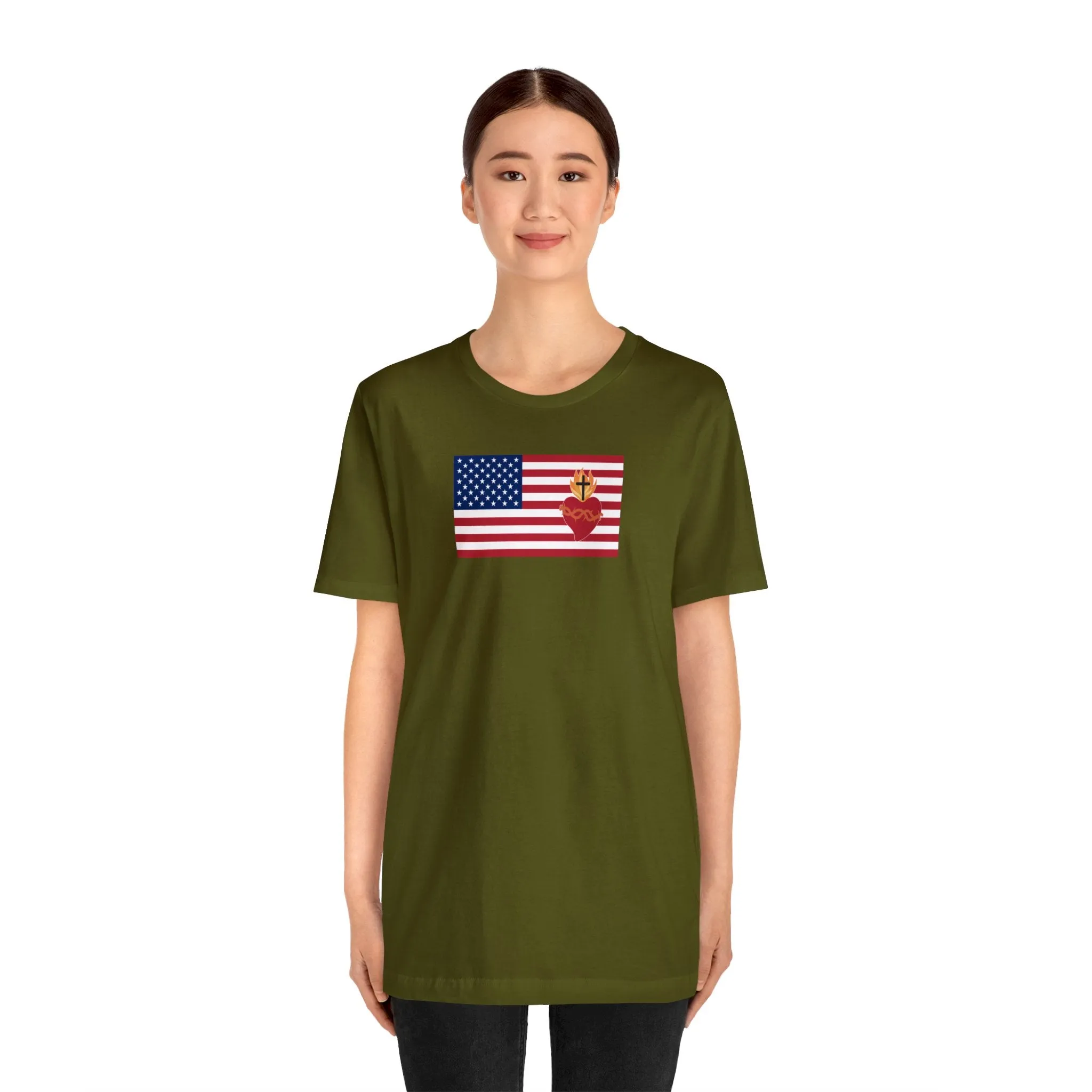 American USA Flag with sacred heart Christian Catholic religious t-shirt