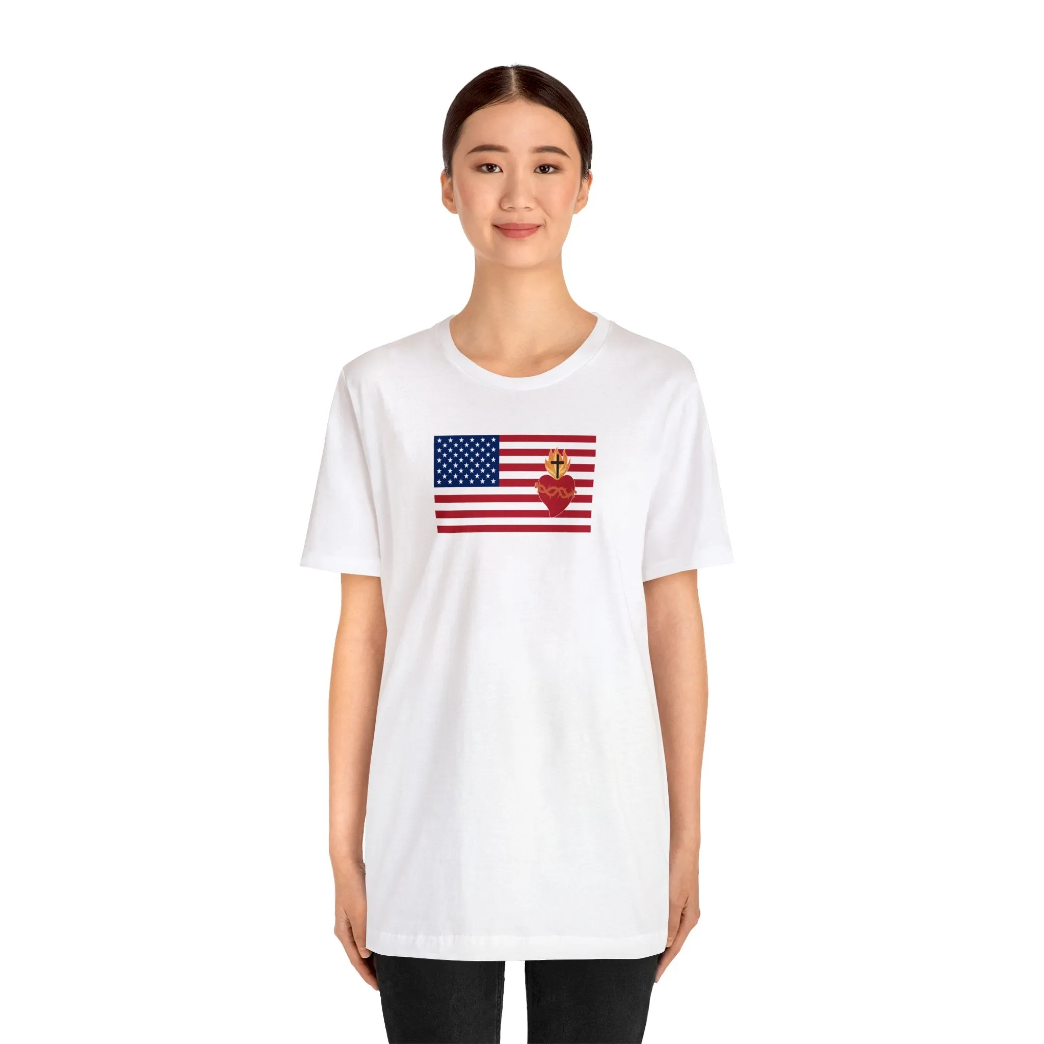 American USA Flag with sacred heart Christian Catholic religious t-shirt