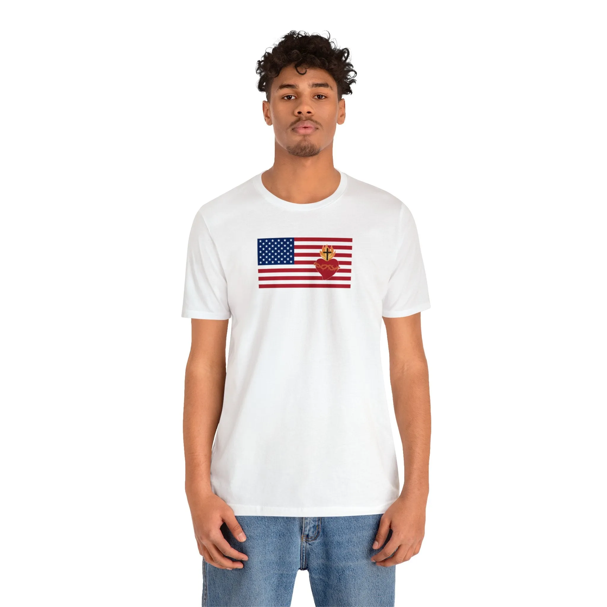 American USA Flag with sacred heart Christian Catholic religious t-shirt