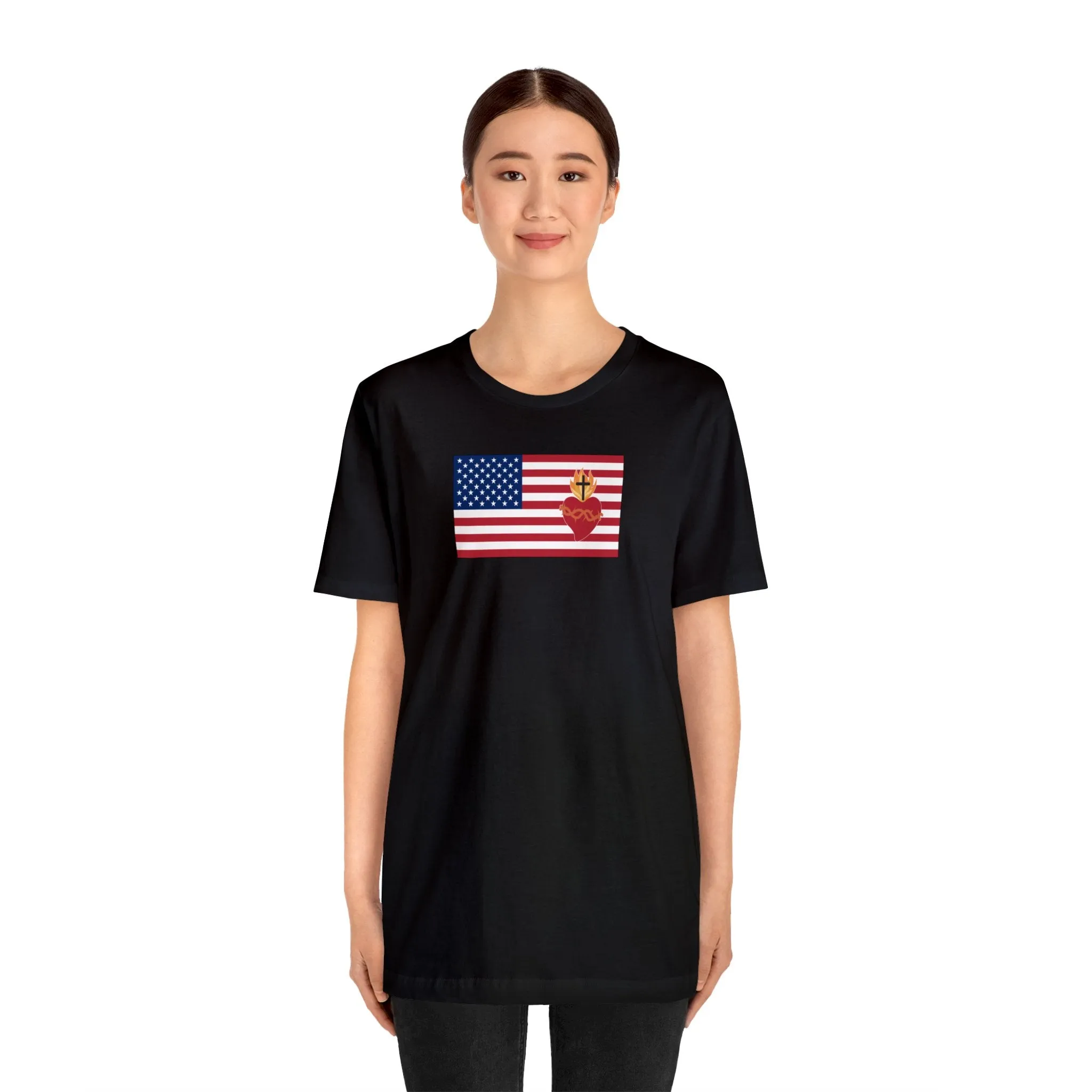 American USA Flag with sacred heart Christian Catholic religious t-shirt