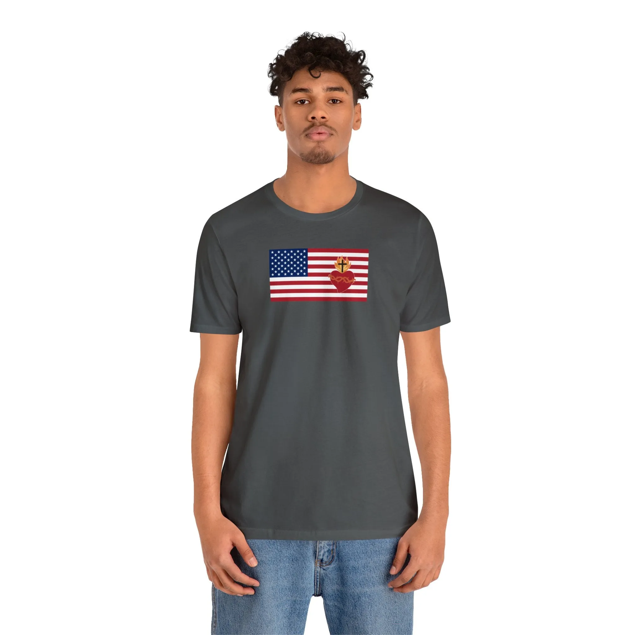 American USA Flag with sacred heart Christian Catholic religious t-shirt