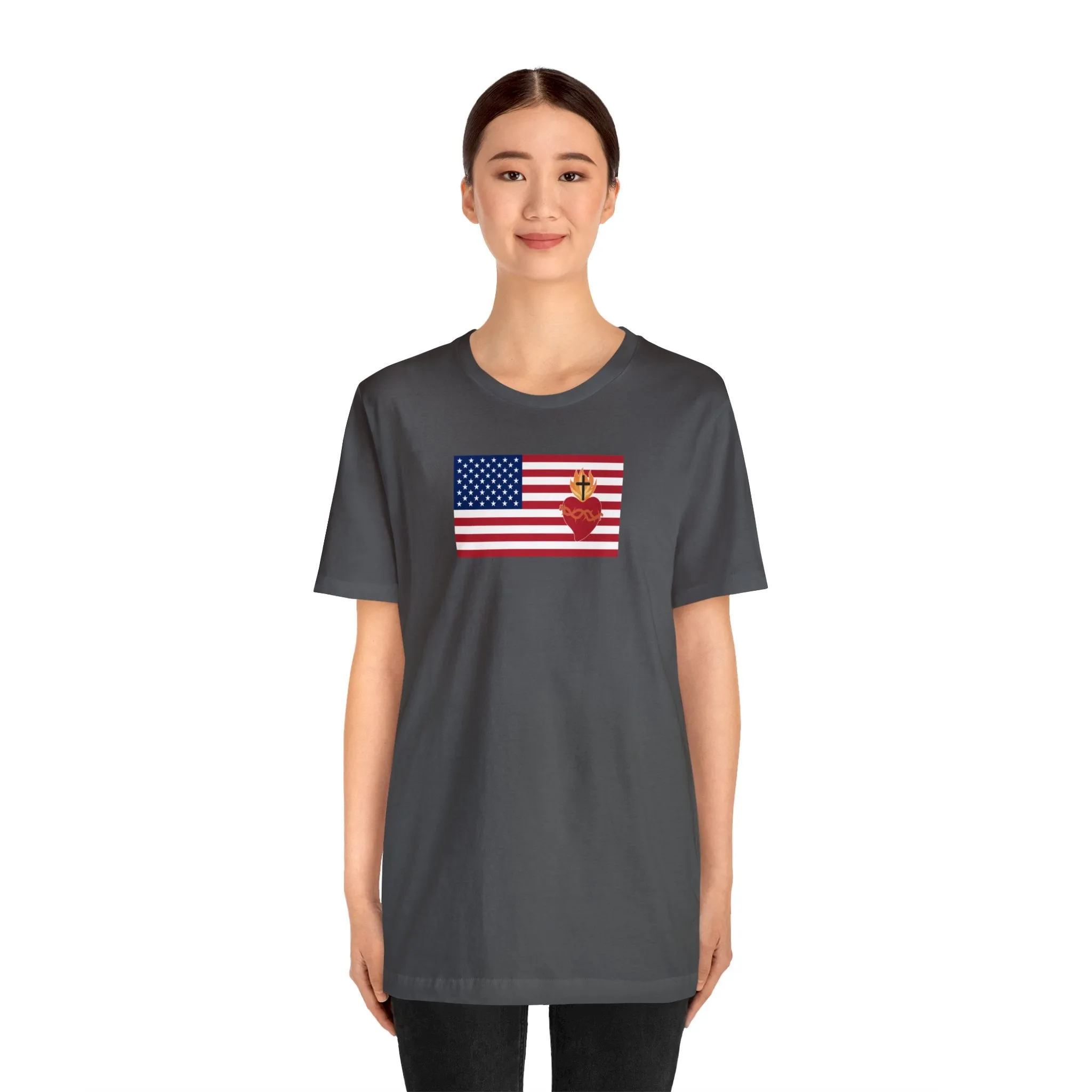 American USA Flag with sacred heart Christian Catholic religious t-shirt