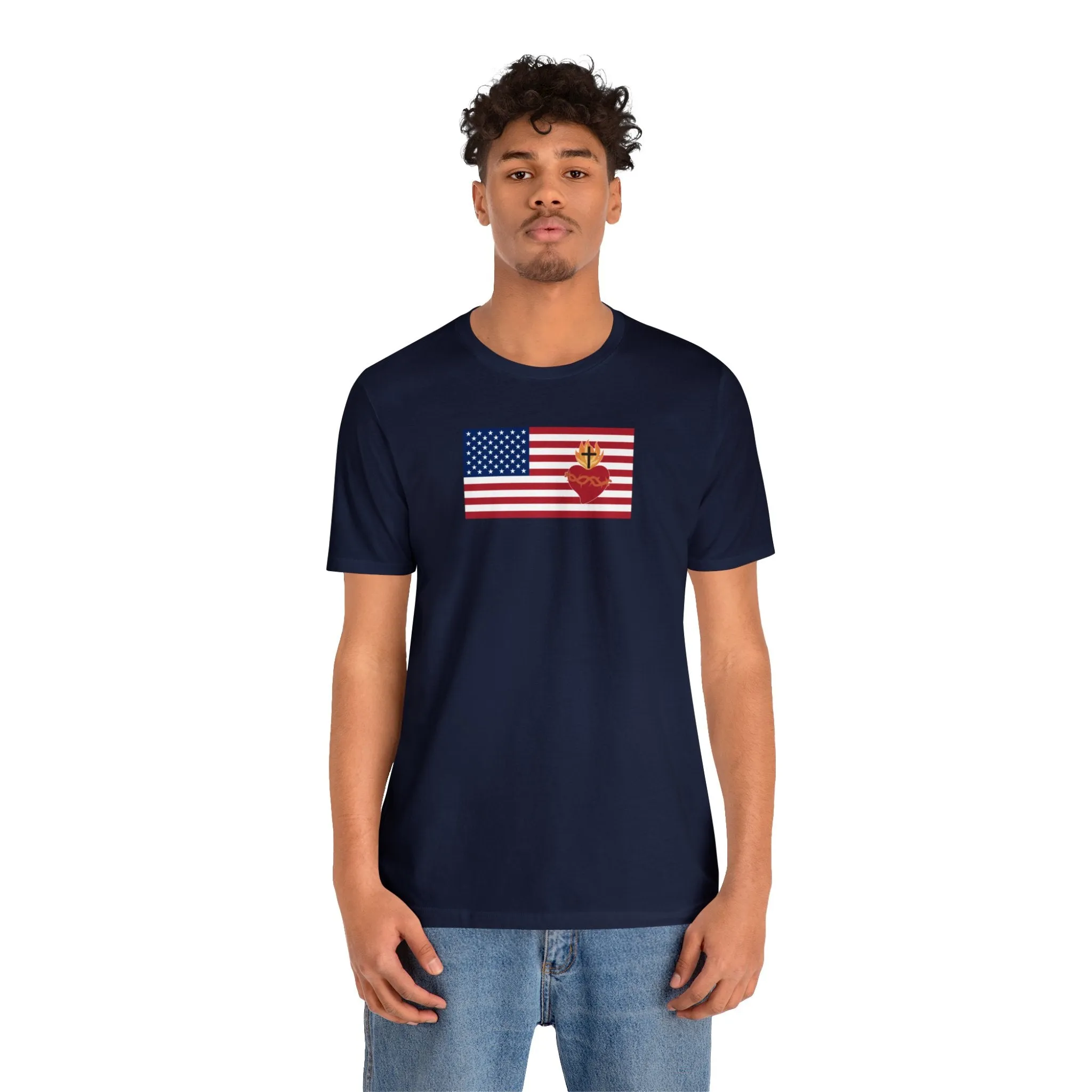 American USA Flag with sacred heart Christian Catholic religious t-shirt