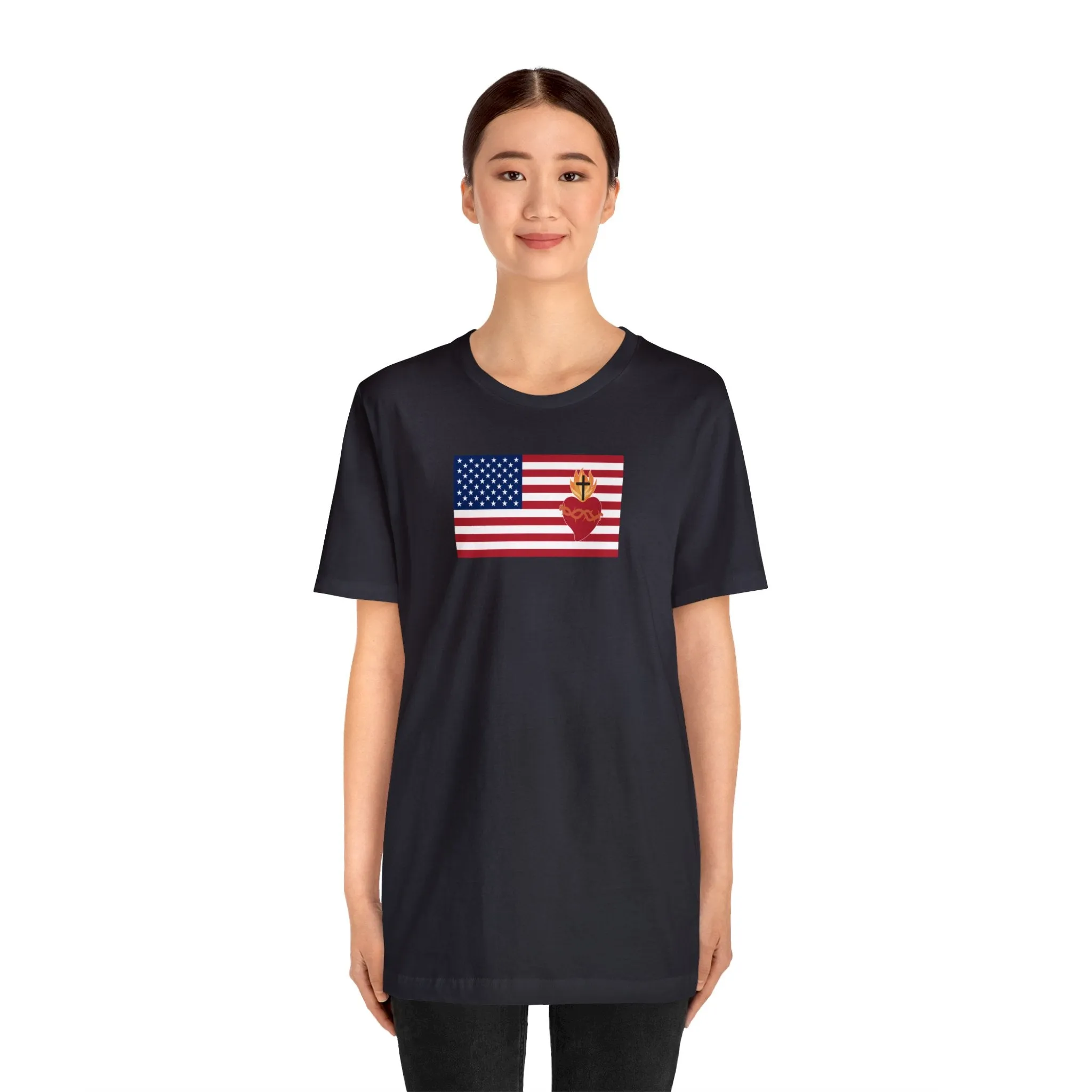 American USA Flag with sacred heart Christian Catholic religious t-shirt