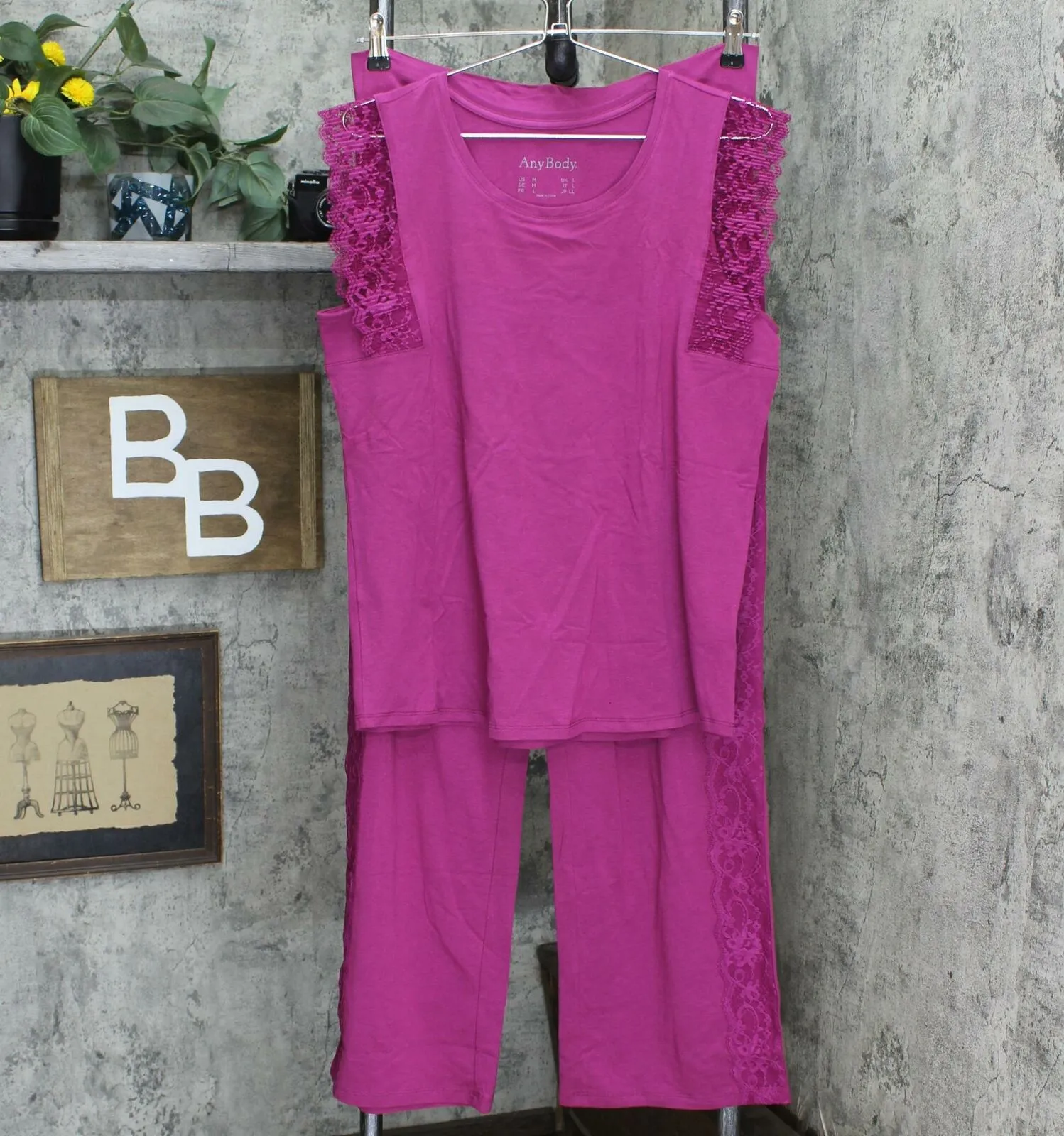 AnyBody Women's Cozy Knit Pleated Lace Pajama Set