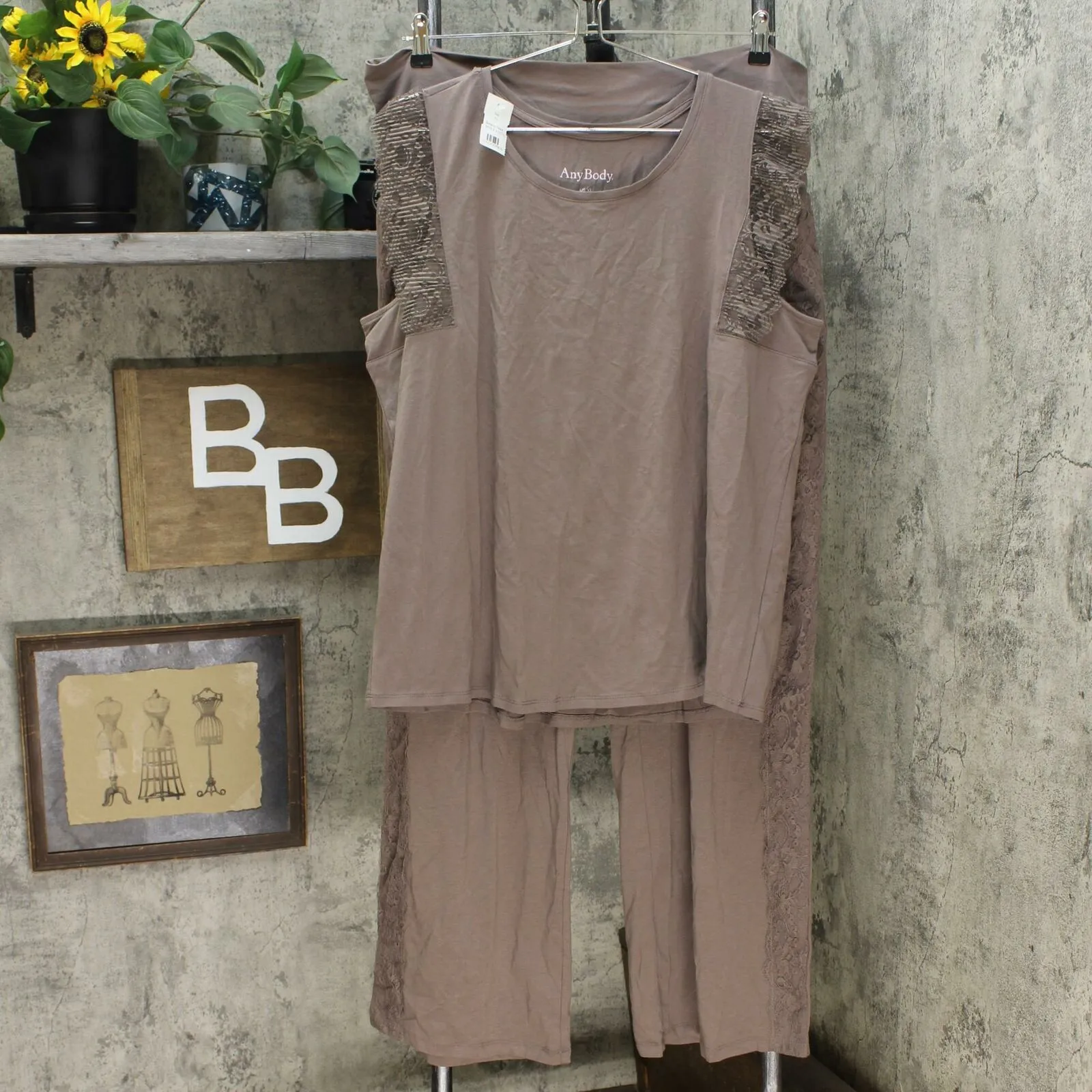 AnyBody Women's Cozy Knit Pleated Lace Pajama Set