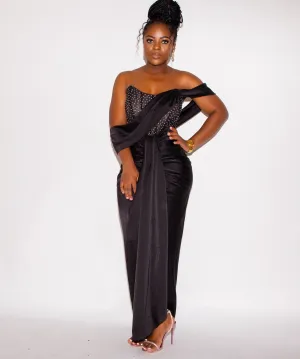 Black Off Shoulder Crystal Corset Gown