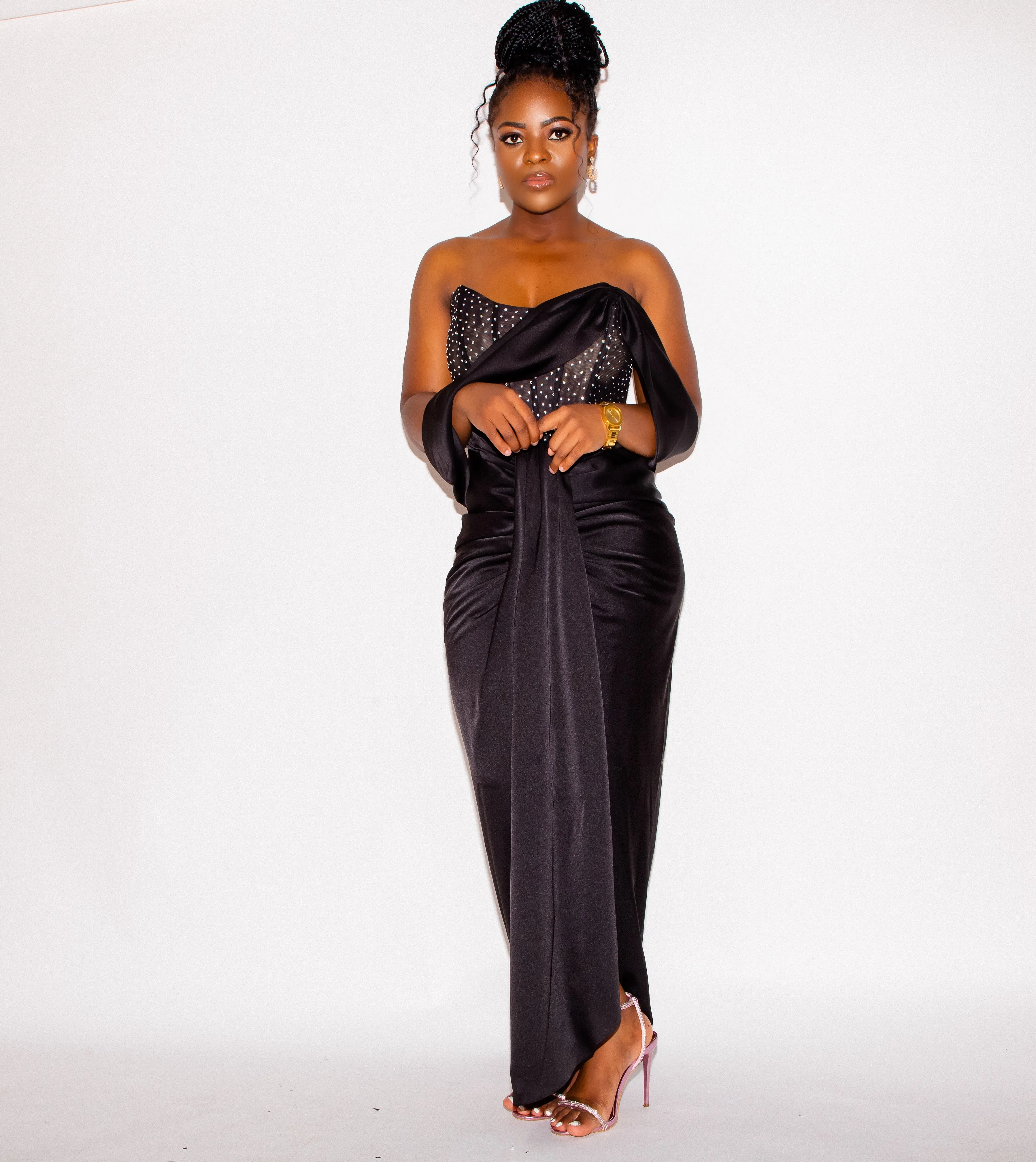 Black Off Shoulder Crystal Corset Gown