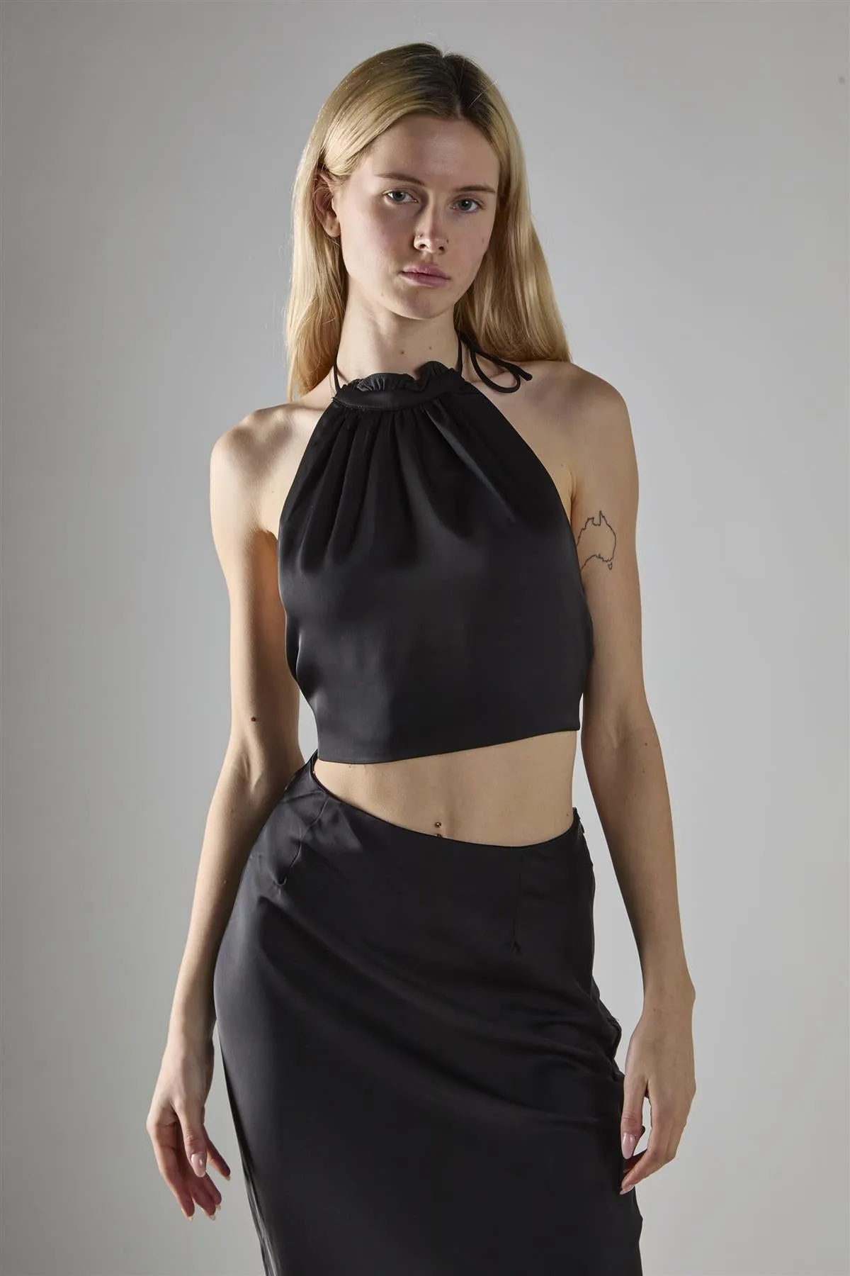 Black Satin Halter-Neck Crop-Top