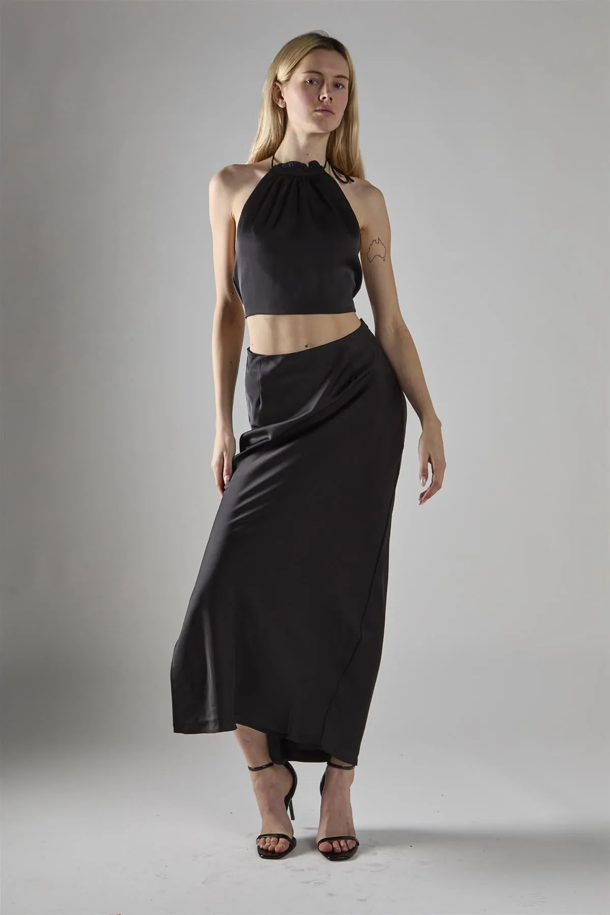 Black Satin Halter-Neck Crop-Top