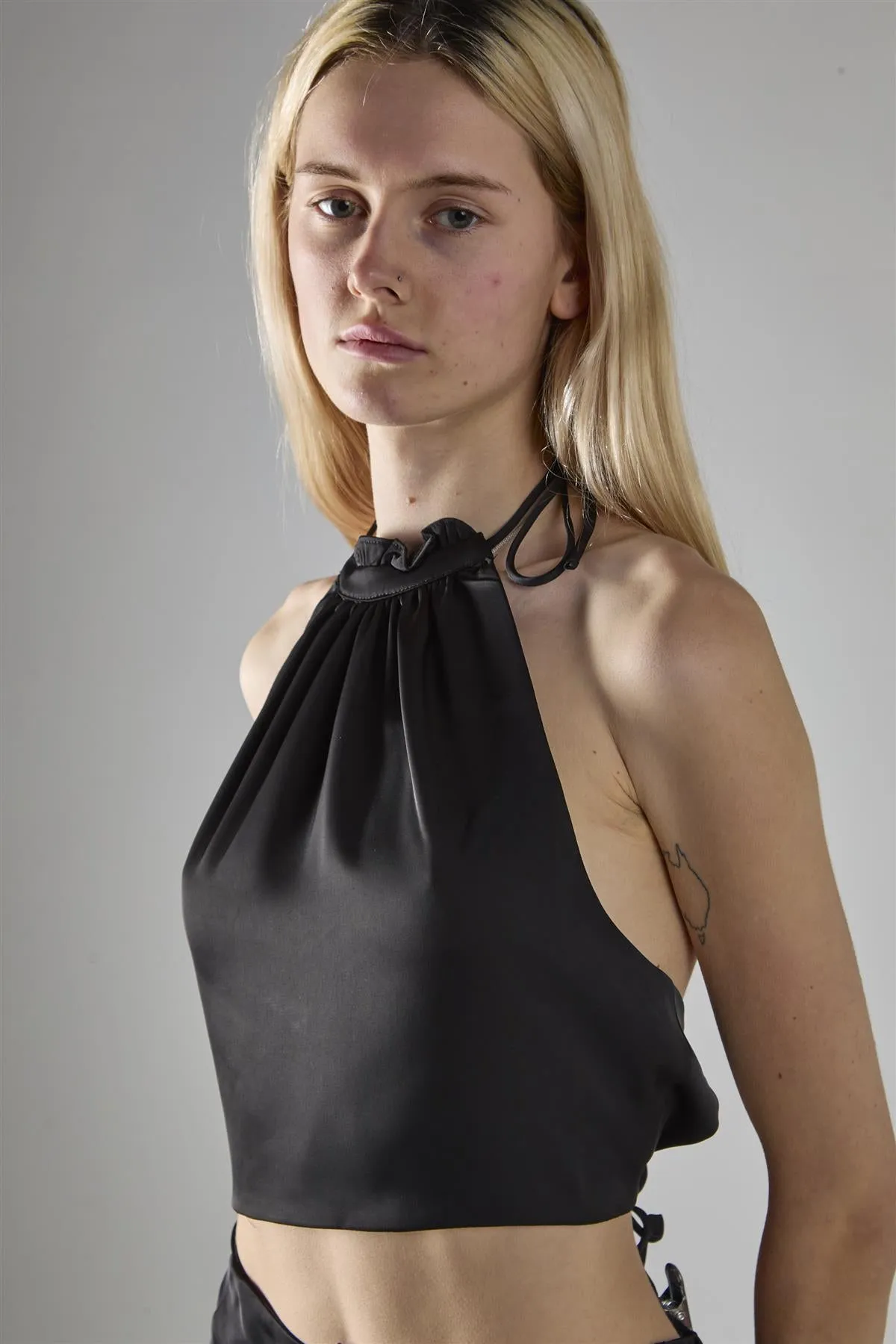 Black Satin Halter-Neck Crop-Top