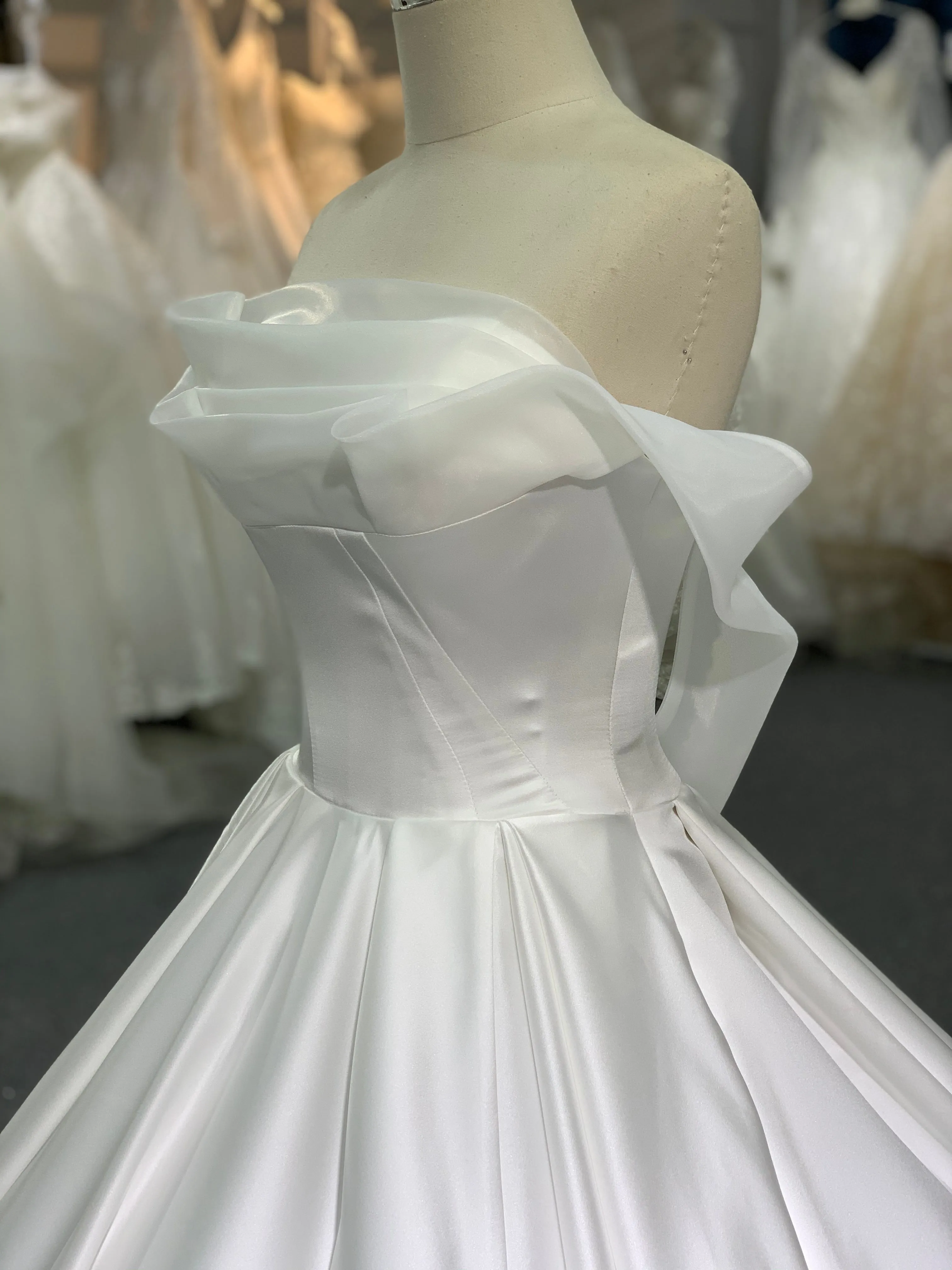 BYG elegant satin off the shoulder wedding gown