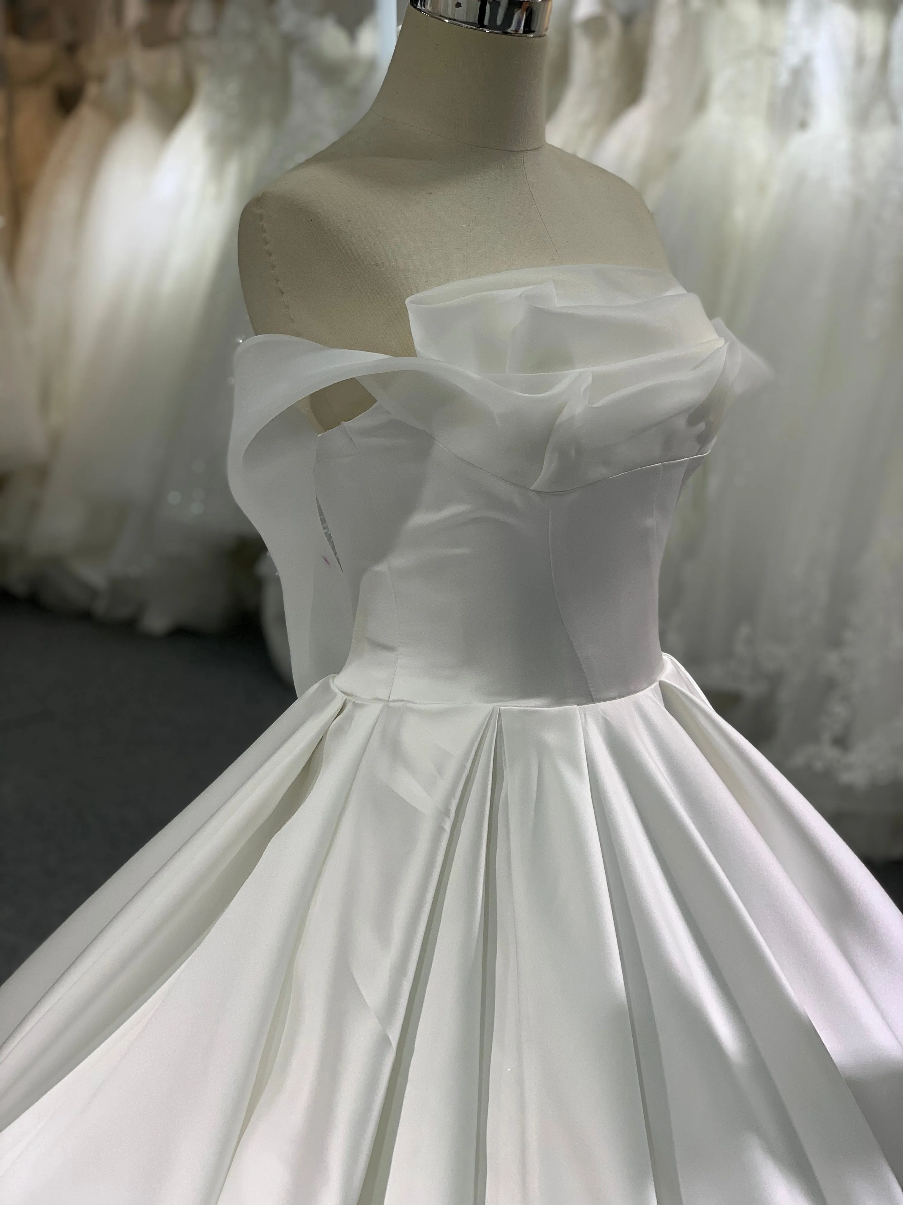 BYG elegant satin off the shoulder wedding gown