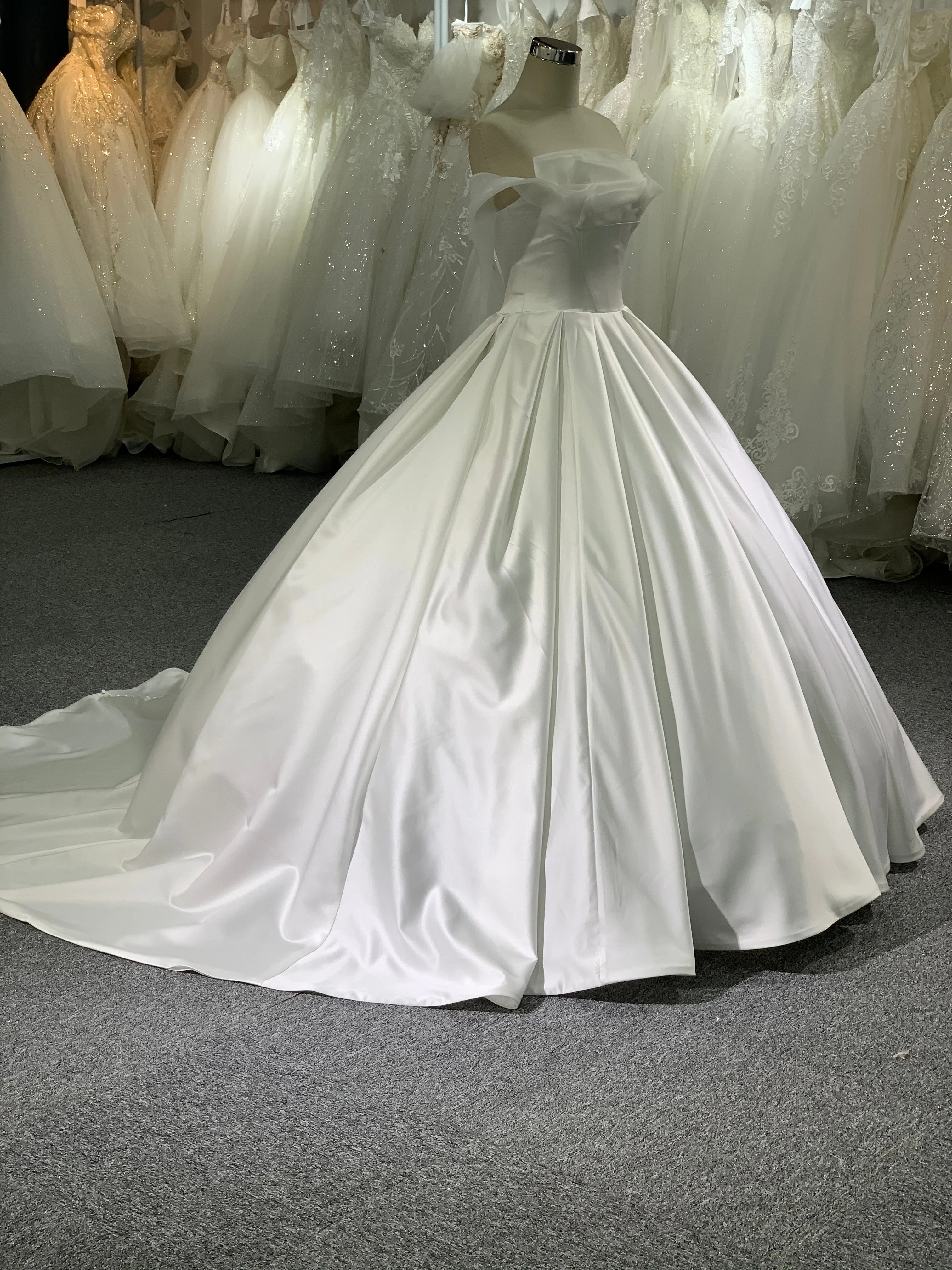 BYG elegant satin off the shoulder wedding gown