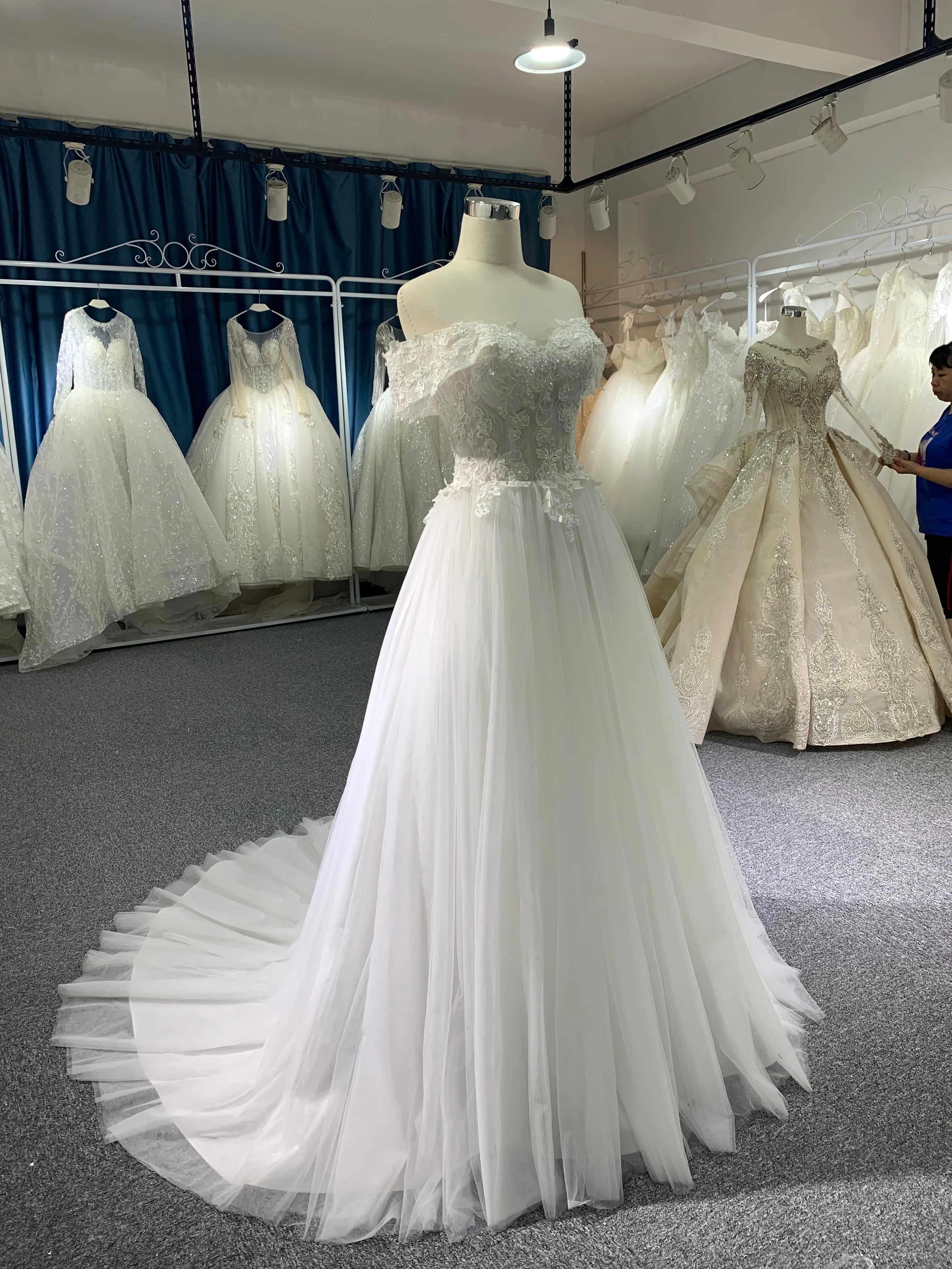 BYG lace and tulle off the shoulder A line wedding dress