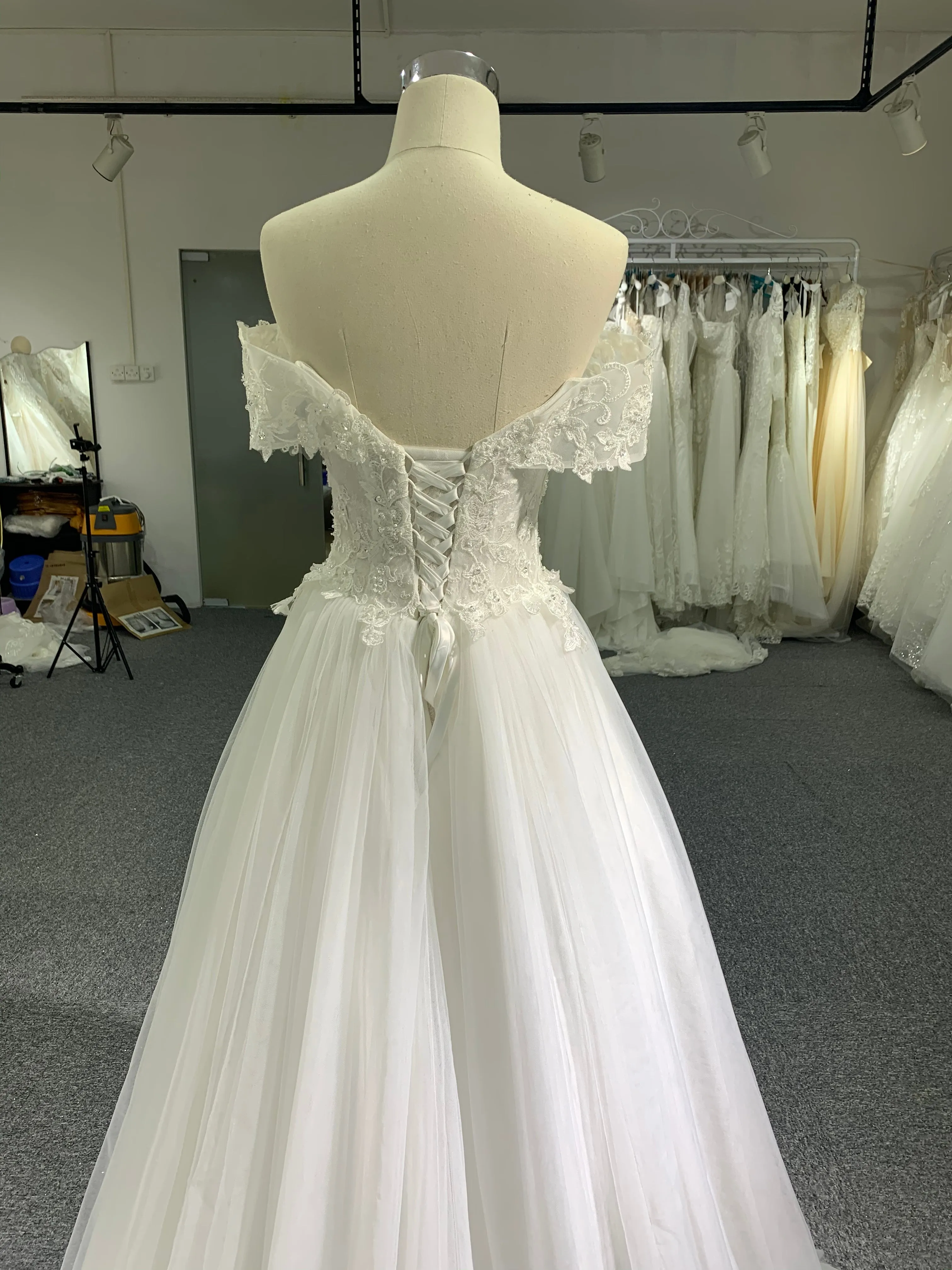 BYG lace and tulle off the shoulder A line wedding dress