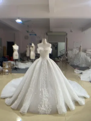 BYG luxury off the shoulder ball gown with long train