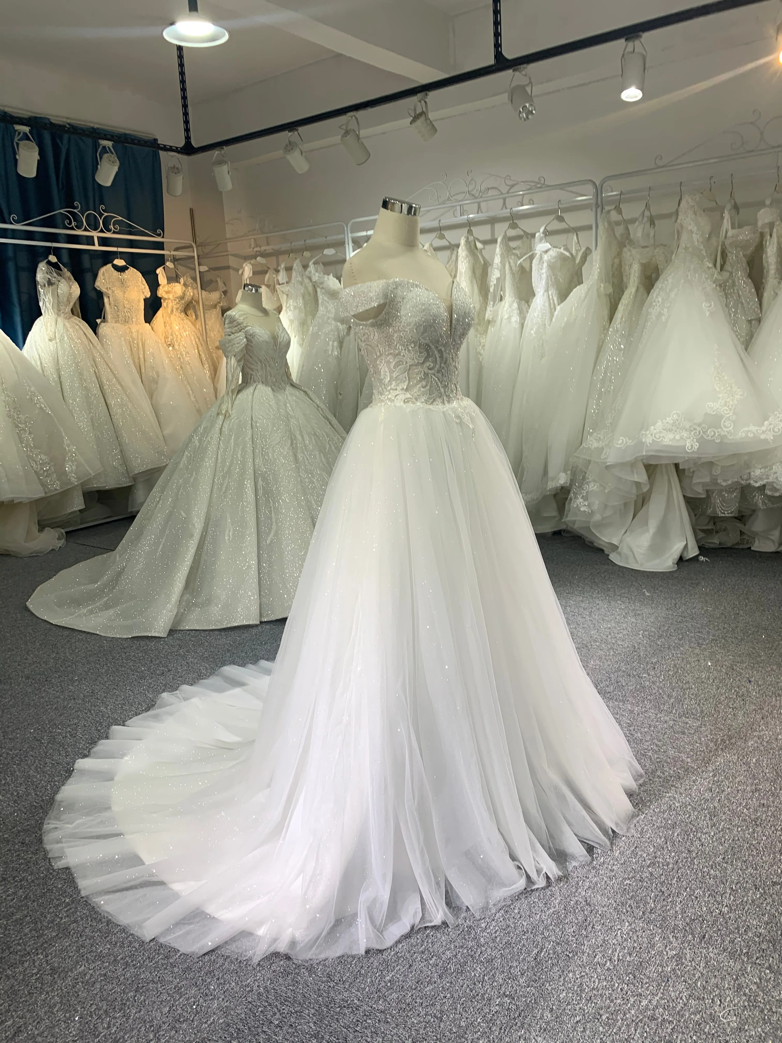 BYG off the shoulder glitter tulle A line wedding dress
