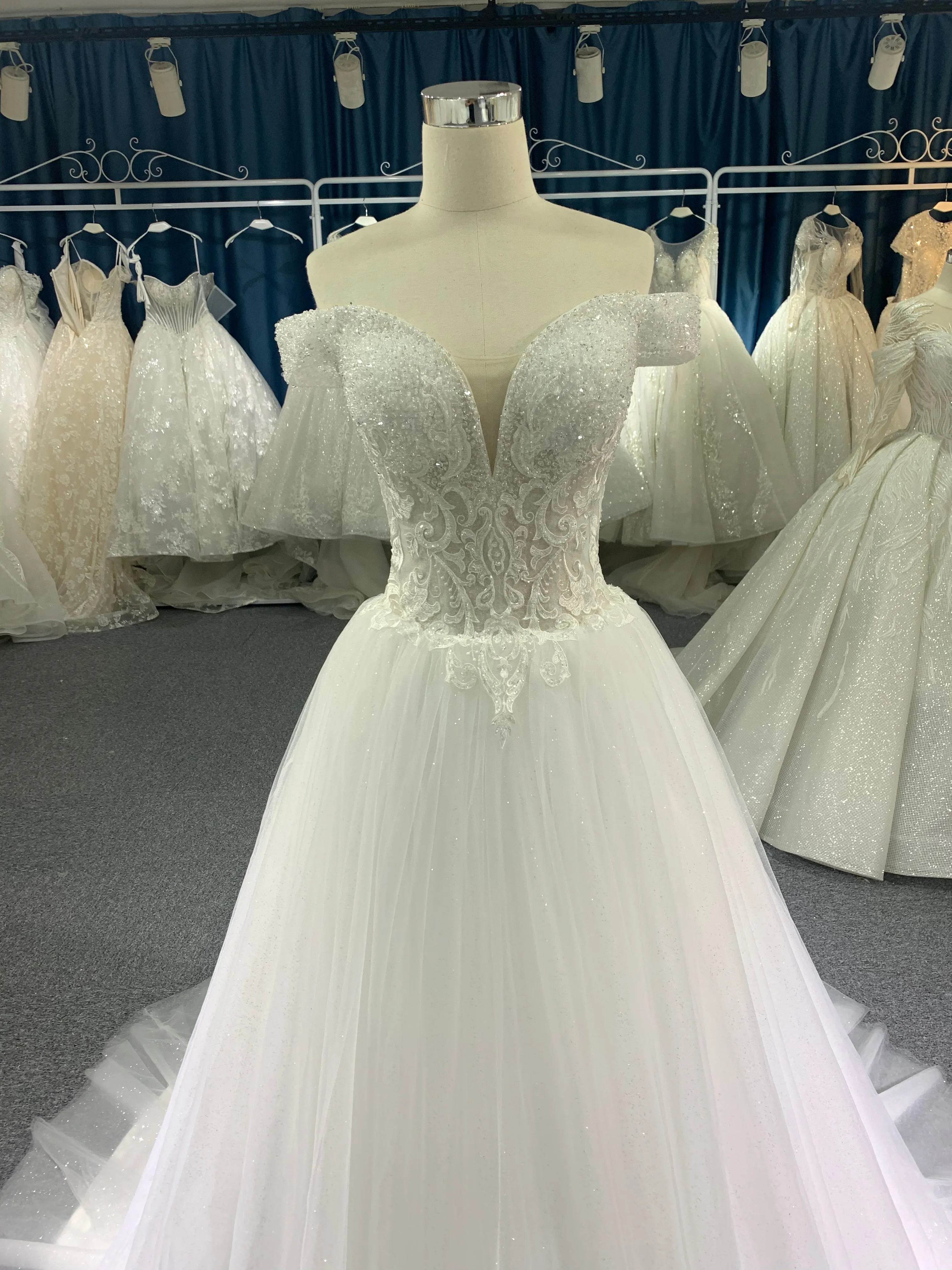 BYG off the shoulder glitter tulle A line wedding dress