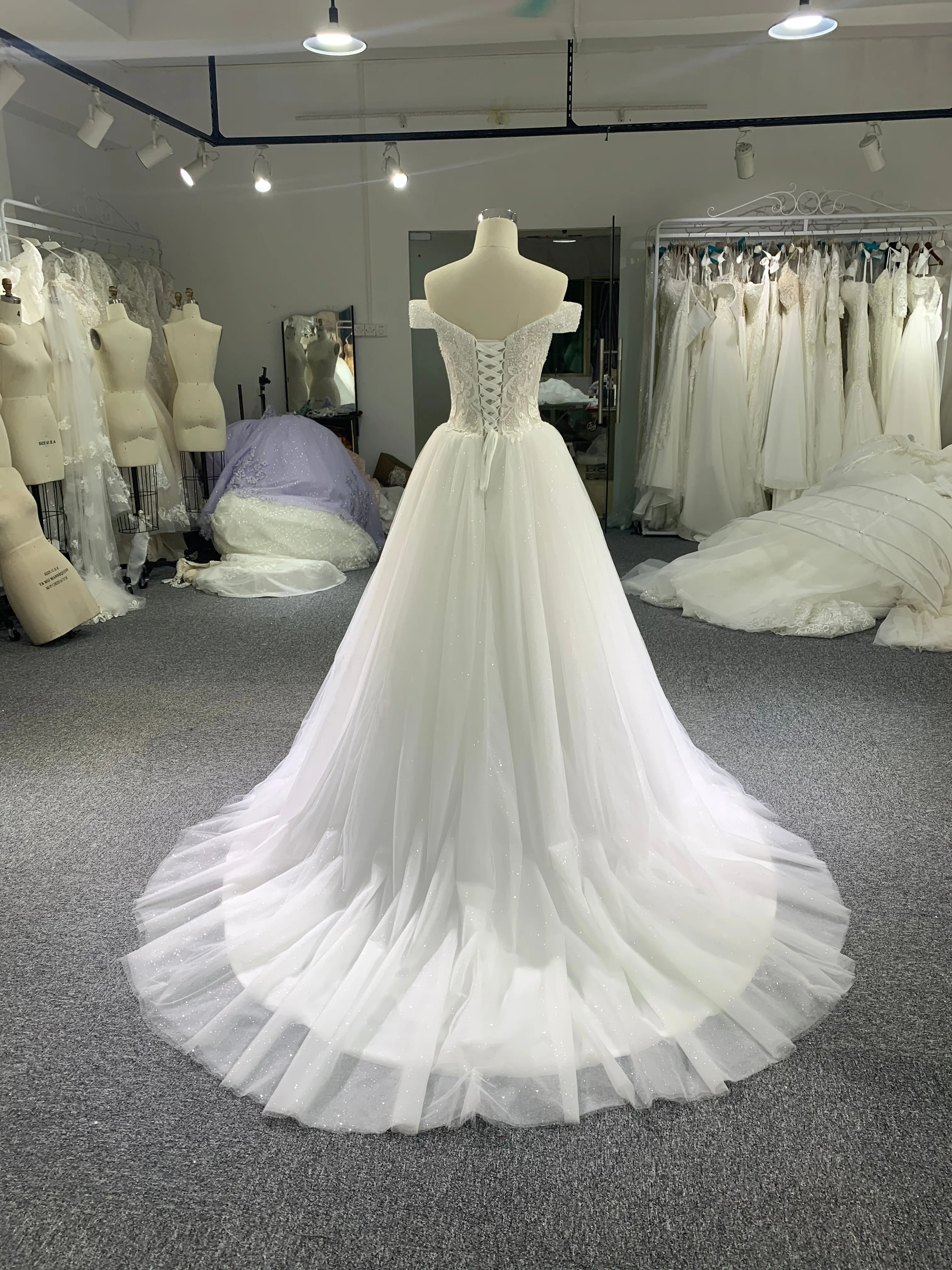 BYG off the shoulder glitter tulle A line wedding dress