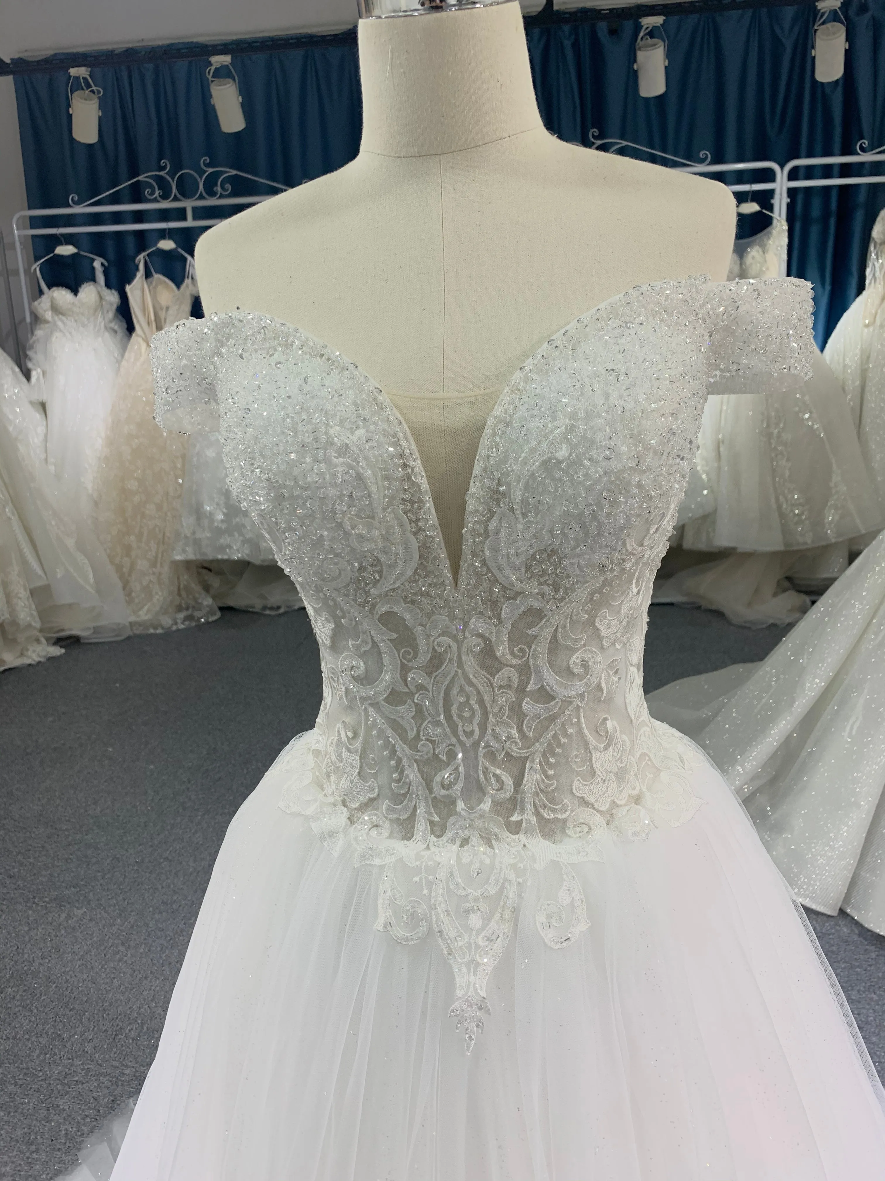 BYG off the shoulder glitter tulle A line wedding dress