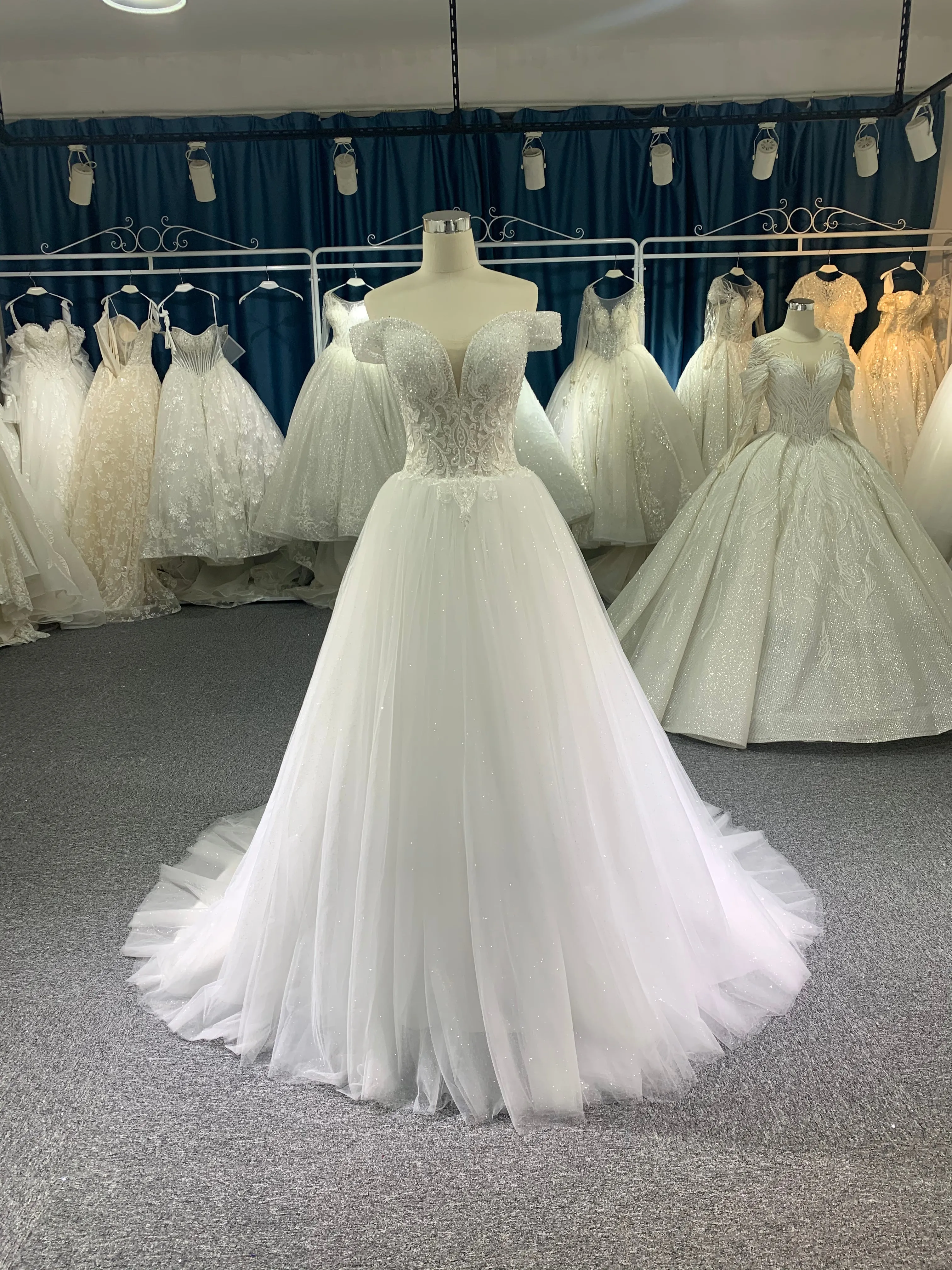 BYG off the shoulder glitter tulle A line wedding dress