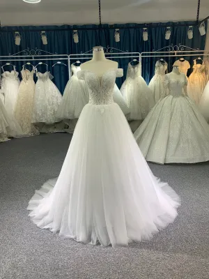 BYG off the shoulder glitter tulle A line wedding dress