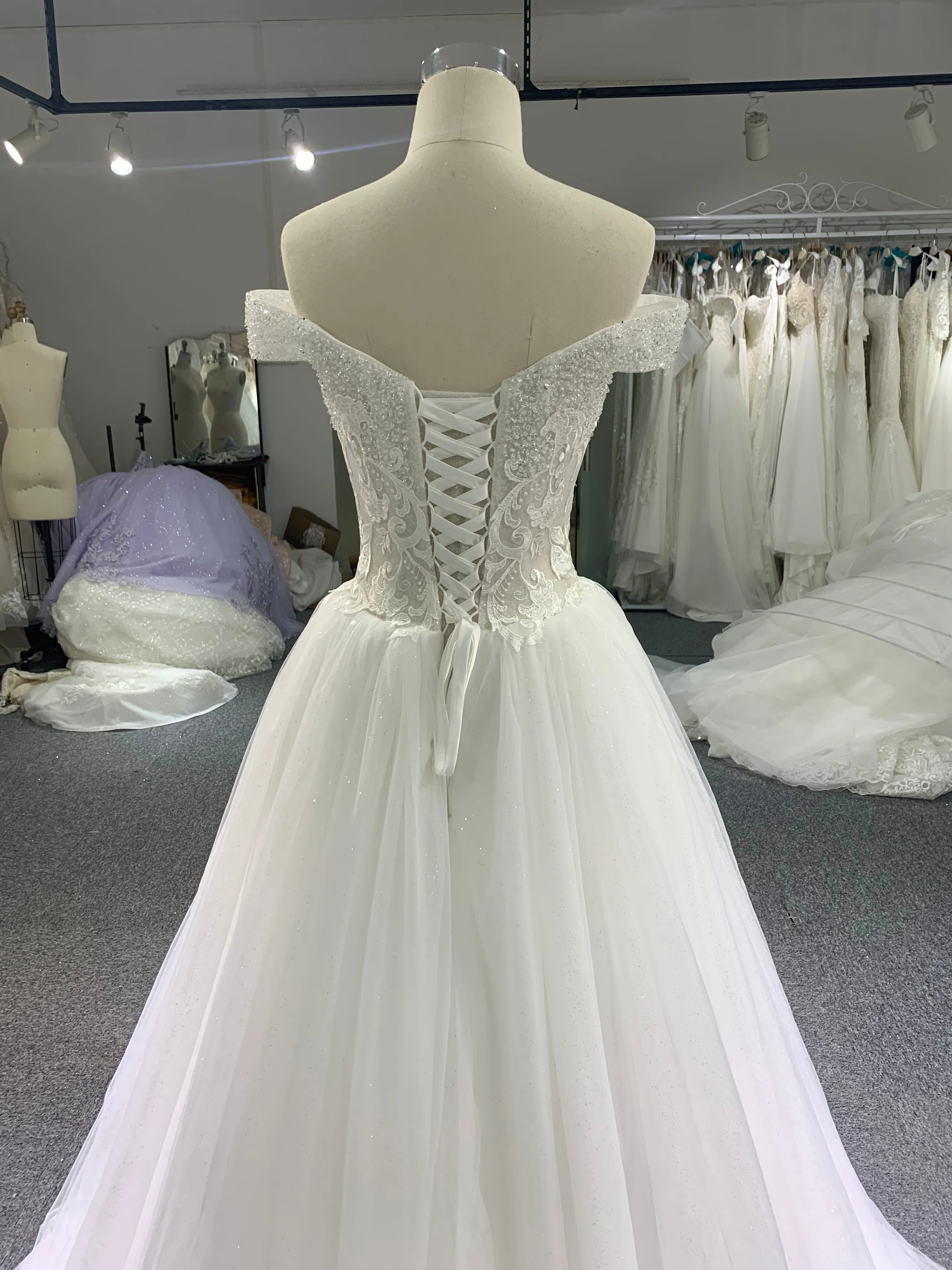 BYG off the shoulder glitter tulle A line wedding dress