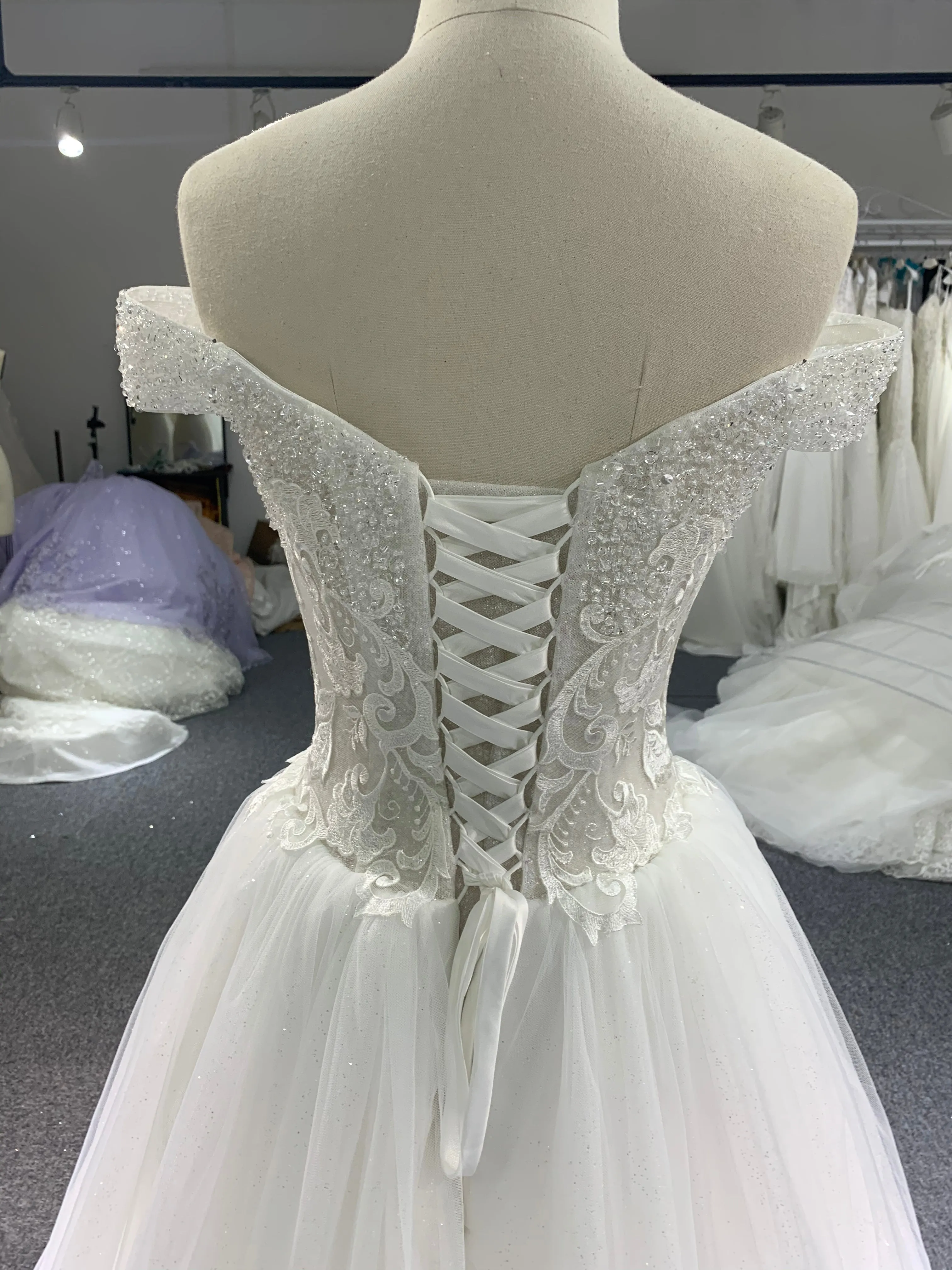 BYG off the shoulder glitter tulle A line wedding dress