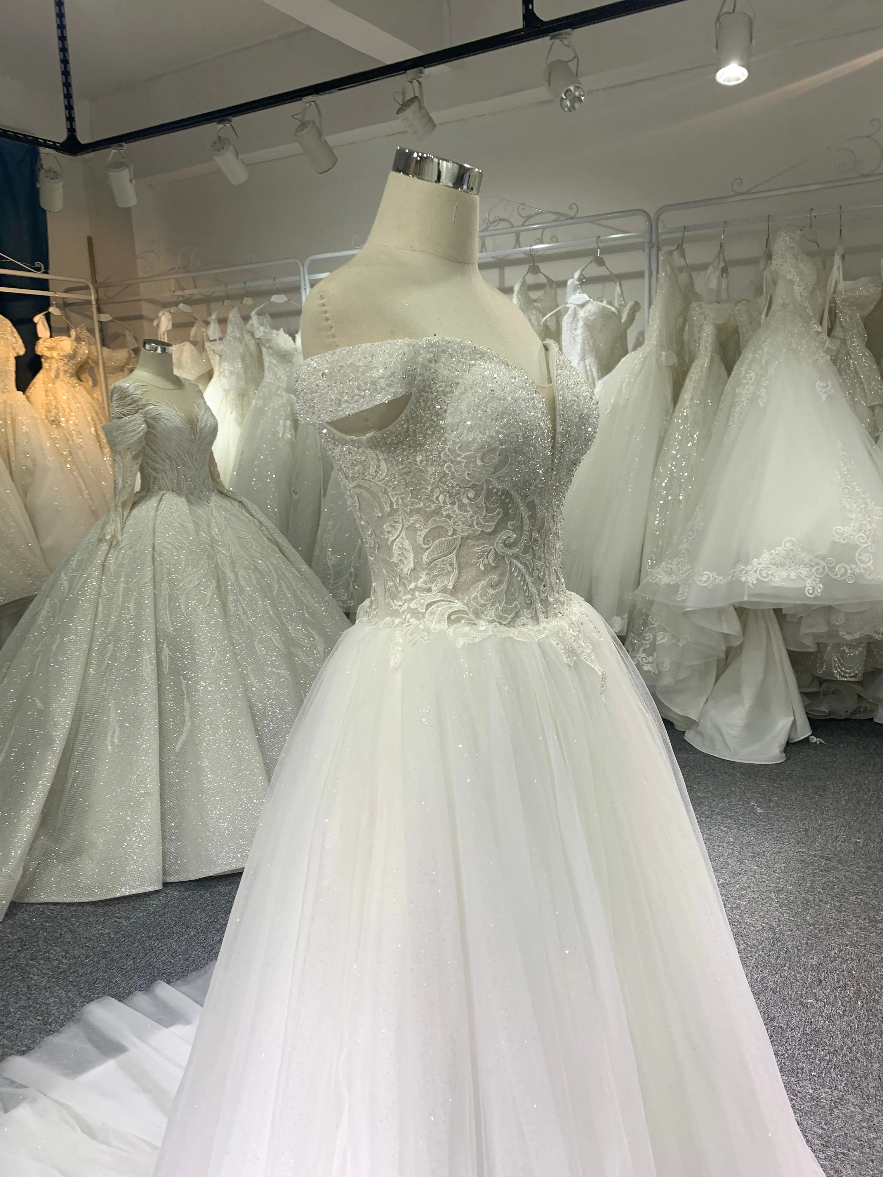 BYG off the shoulder glitter tulle A line wedding dress