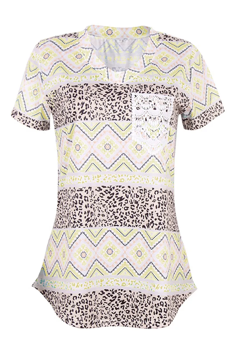 Casual Street Print Leopard Pocket V Neck T-Shirts(7 Colors)