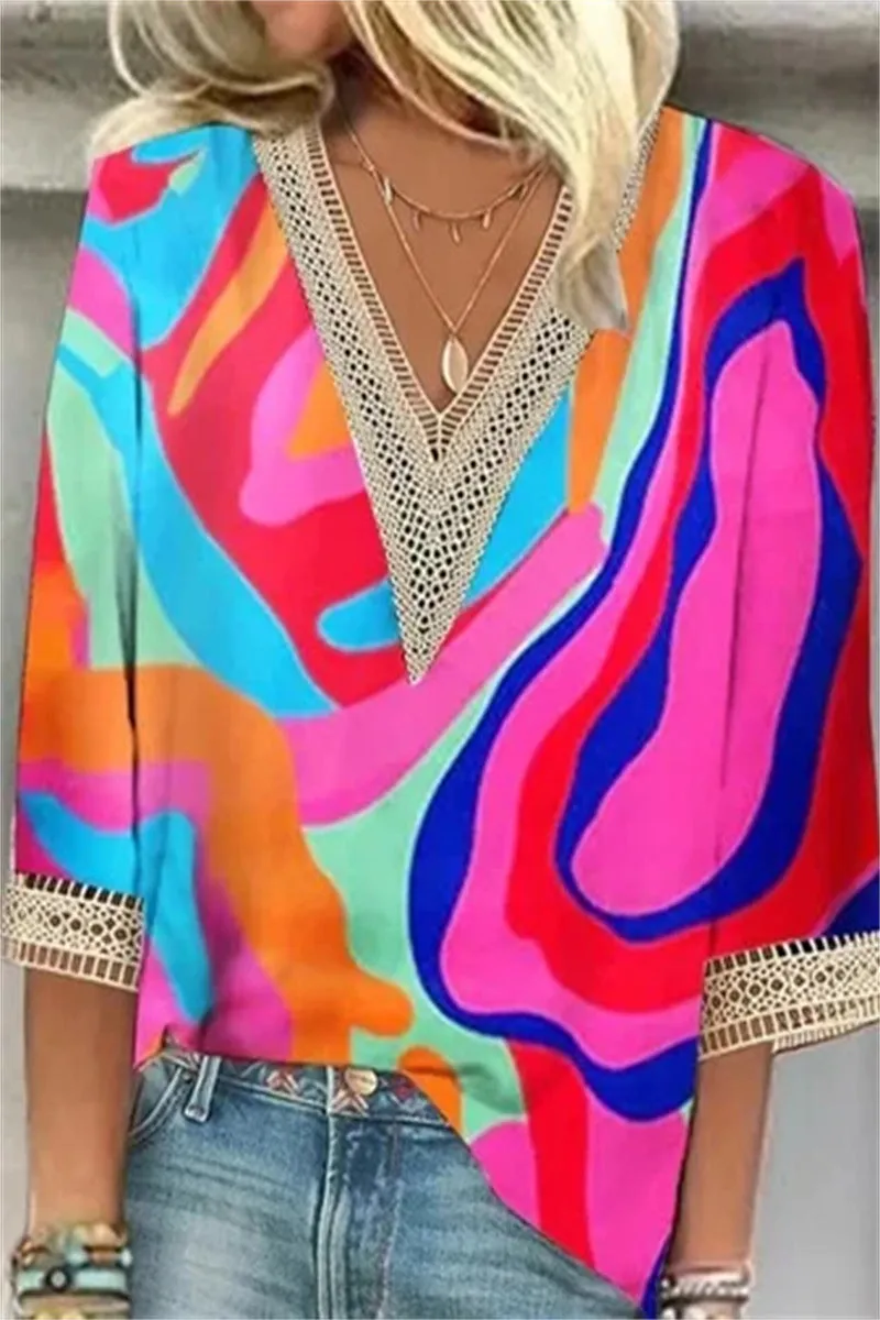 Casual Street Print Patchwork V Neck T-Shirts(6 Colors)