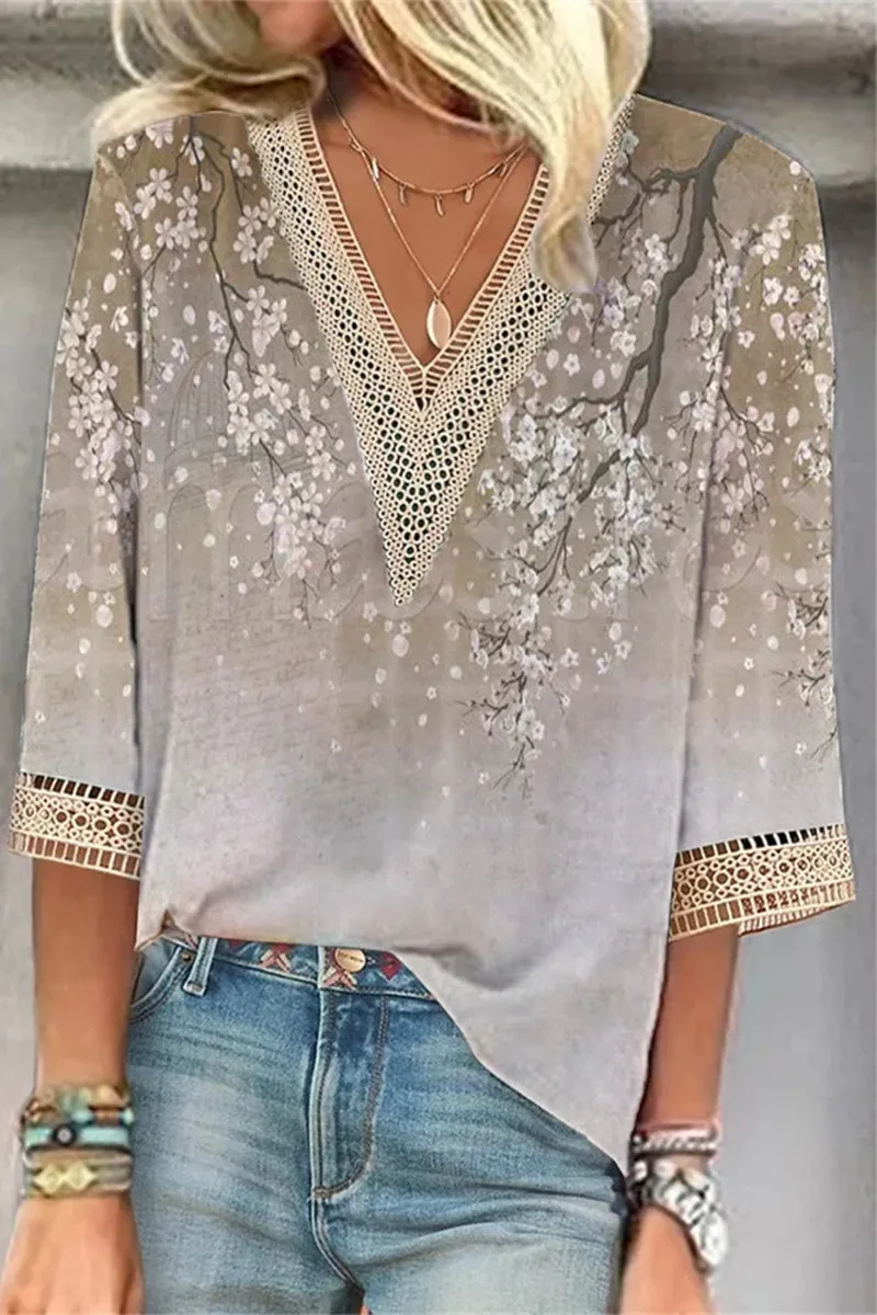 Casual Street Print Patchwork V Neck T-Shirts(6 Colors)