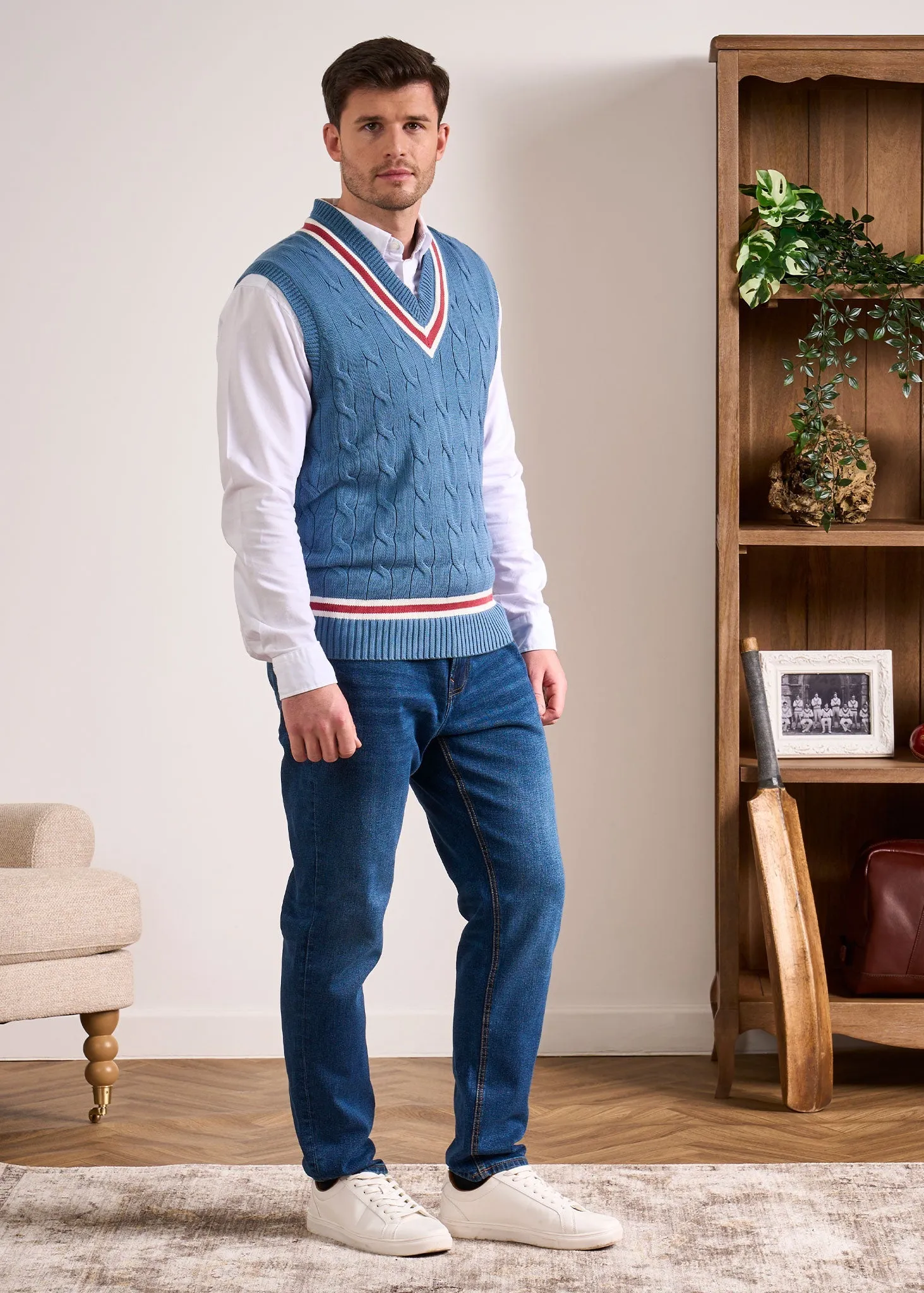 Chadbury Cable Cricket Slipover In Airforce & Cherry