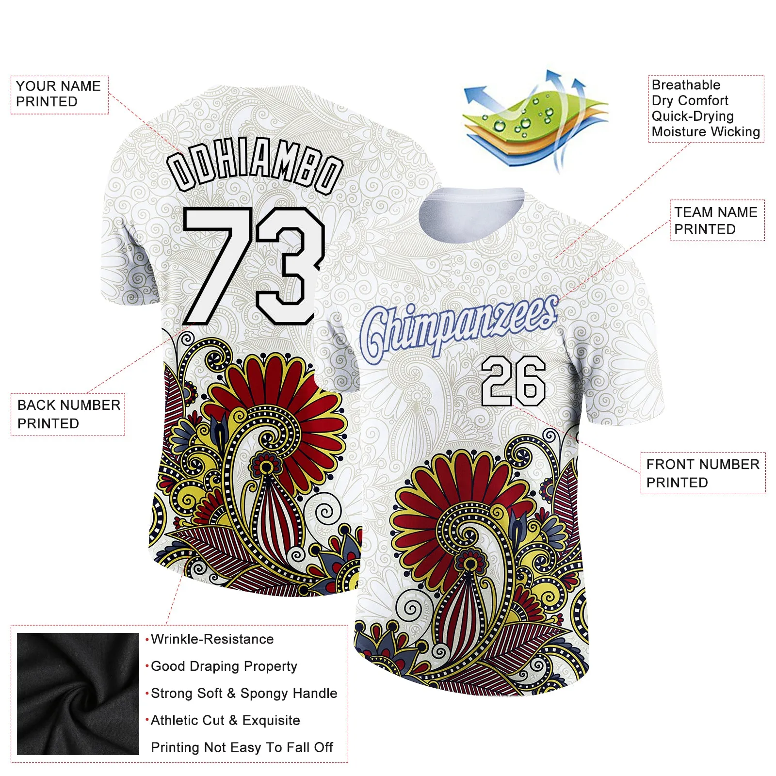 Custom White Black 3D Pattern Floral Design Performance T-Shirt