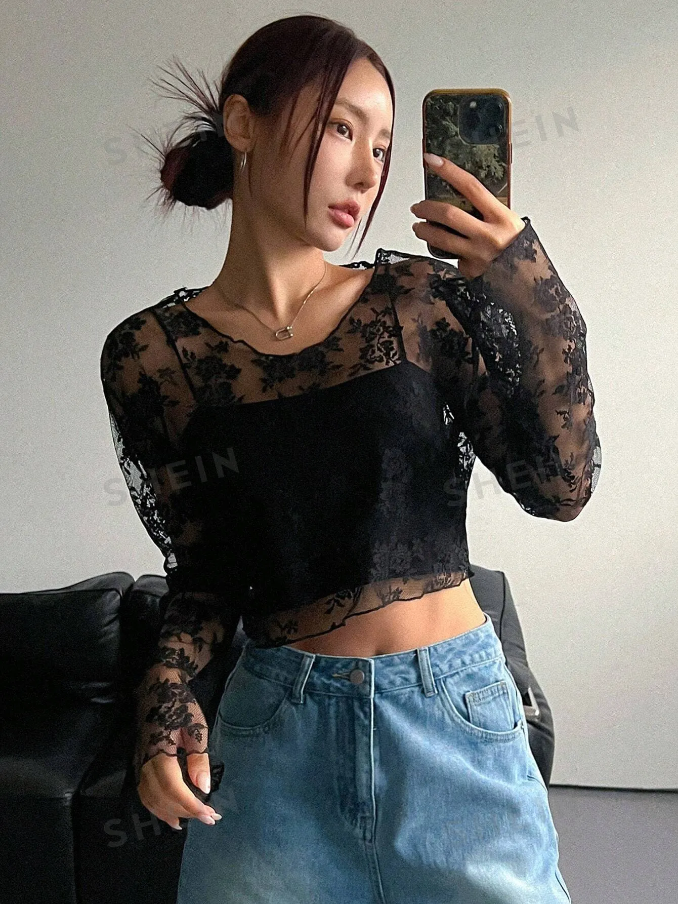 DAZY Women's Sheer Lace Blouse For Party And School Events Going Out Tops