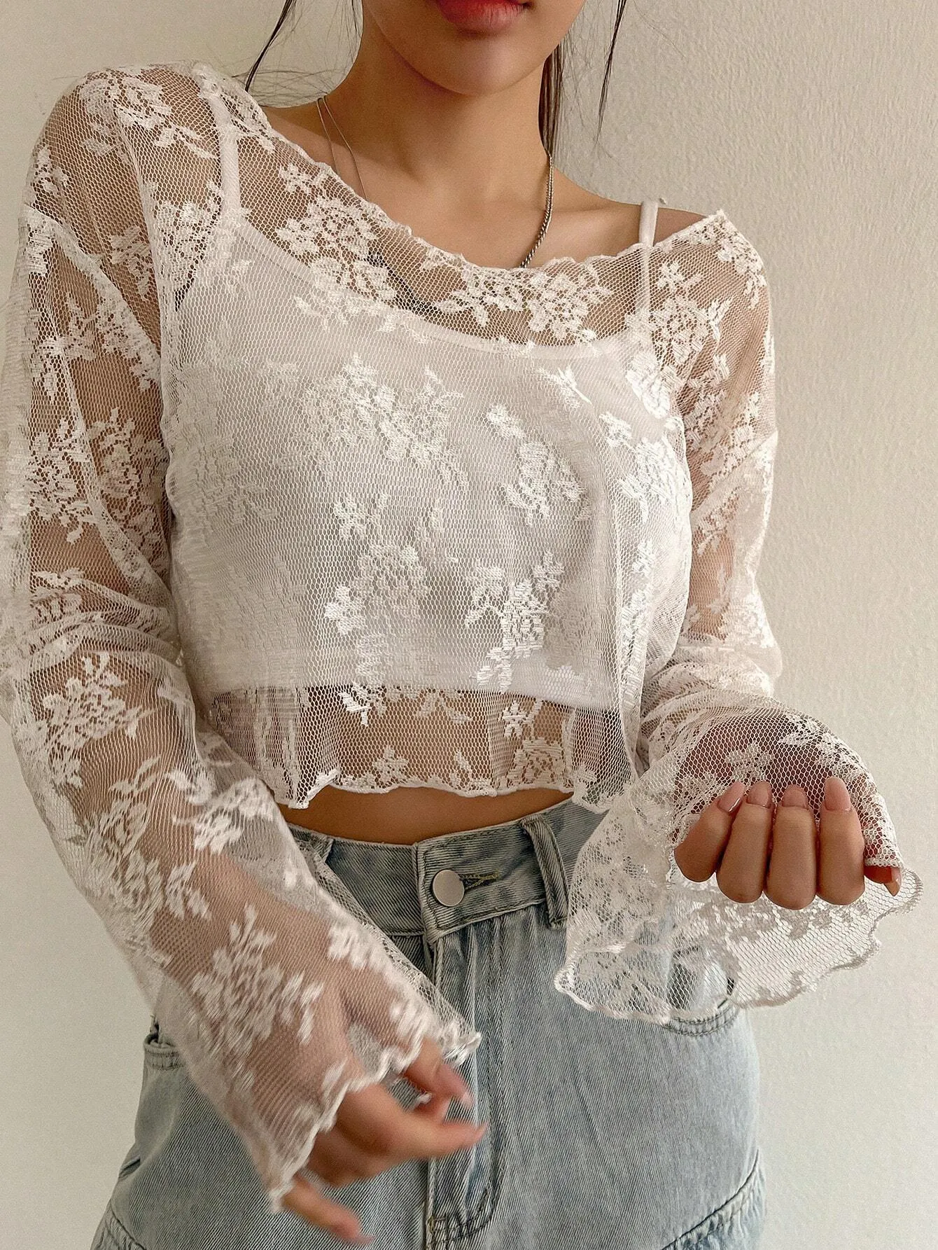 DAZY Women's Sheer Lace Blouse For Party And School Events Going Out Tops