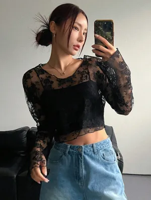DAZY Women's Sheer Lace Blouse For Party And School Events Going Out Tops