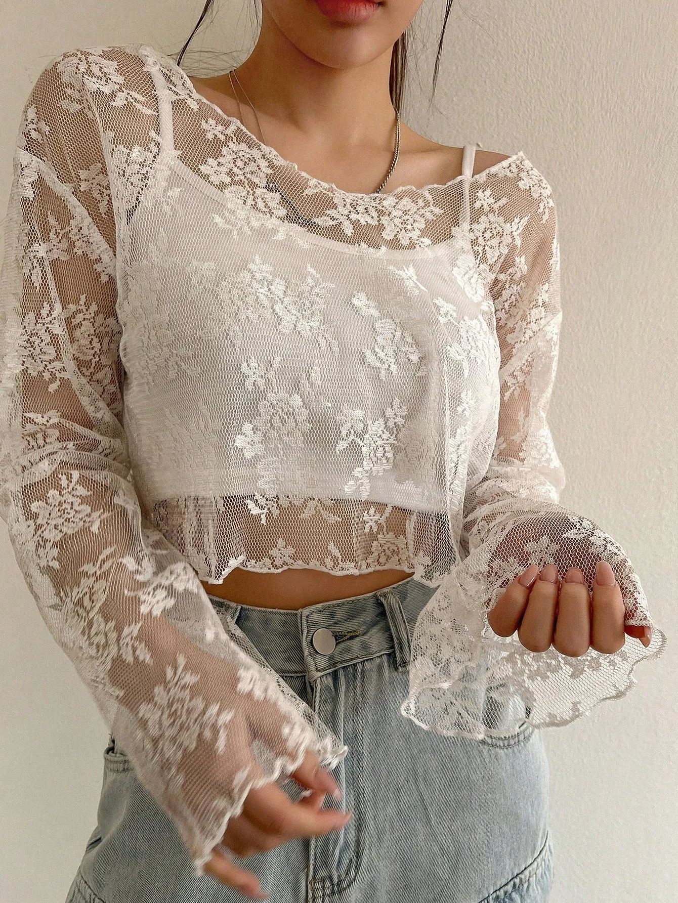 DAZY Women's Sheer Lace Blouse For Party And School Events Going Out Tops