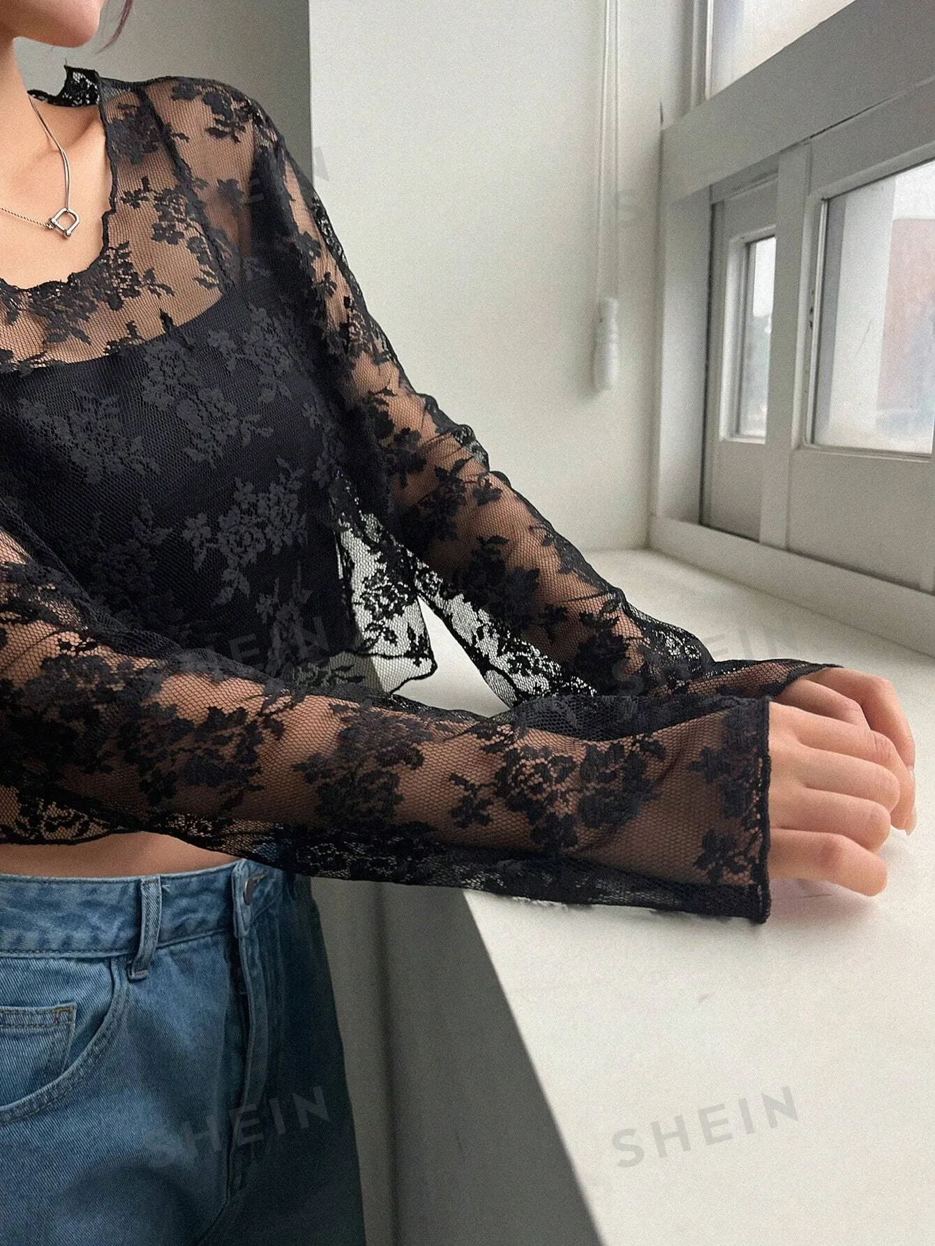 DAZY Women's Sheer Lace Blouse For Party And School Events Going Out Tops