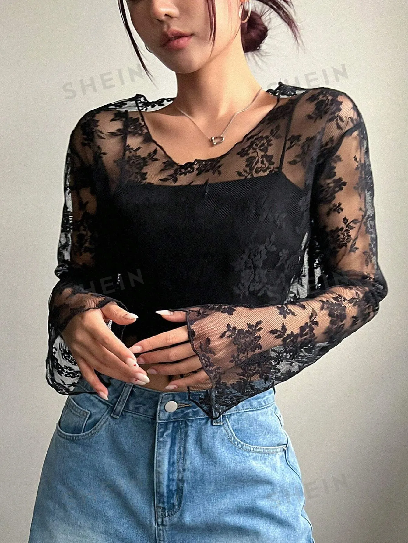 DAZY Women's Sheer Lace Blouse For Party And School Events Going Out Tops