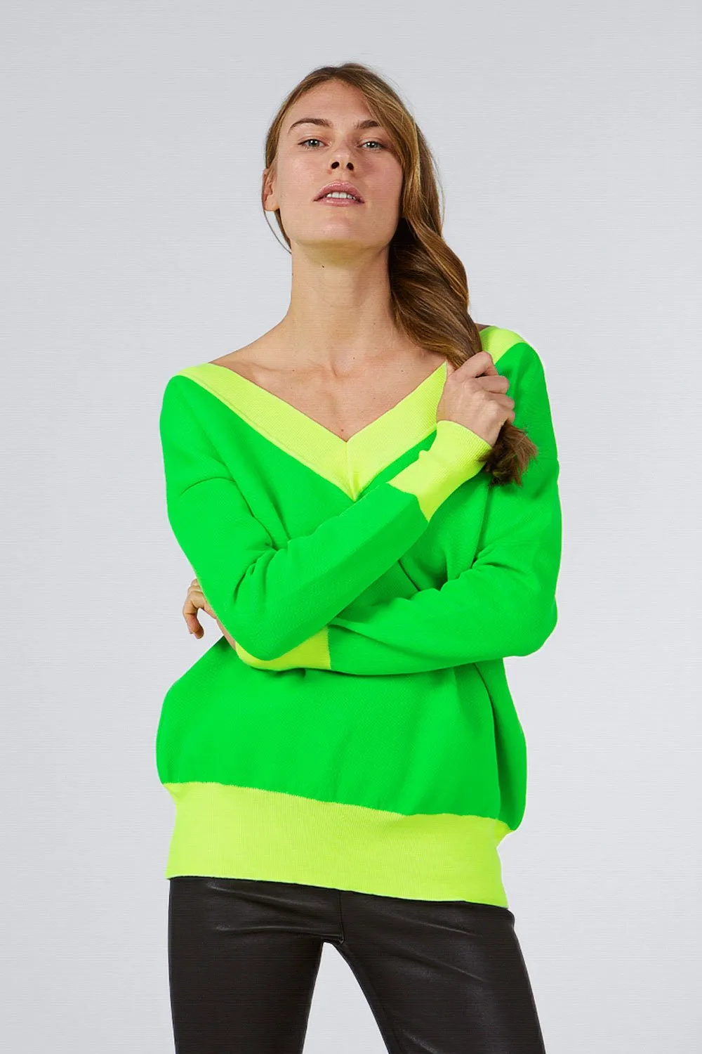 DOUBLE V NECK NEON TWO COLOR KNITWEAR SWEATER