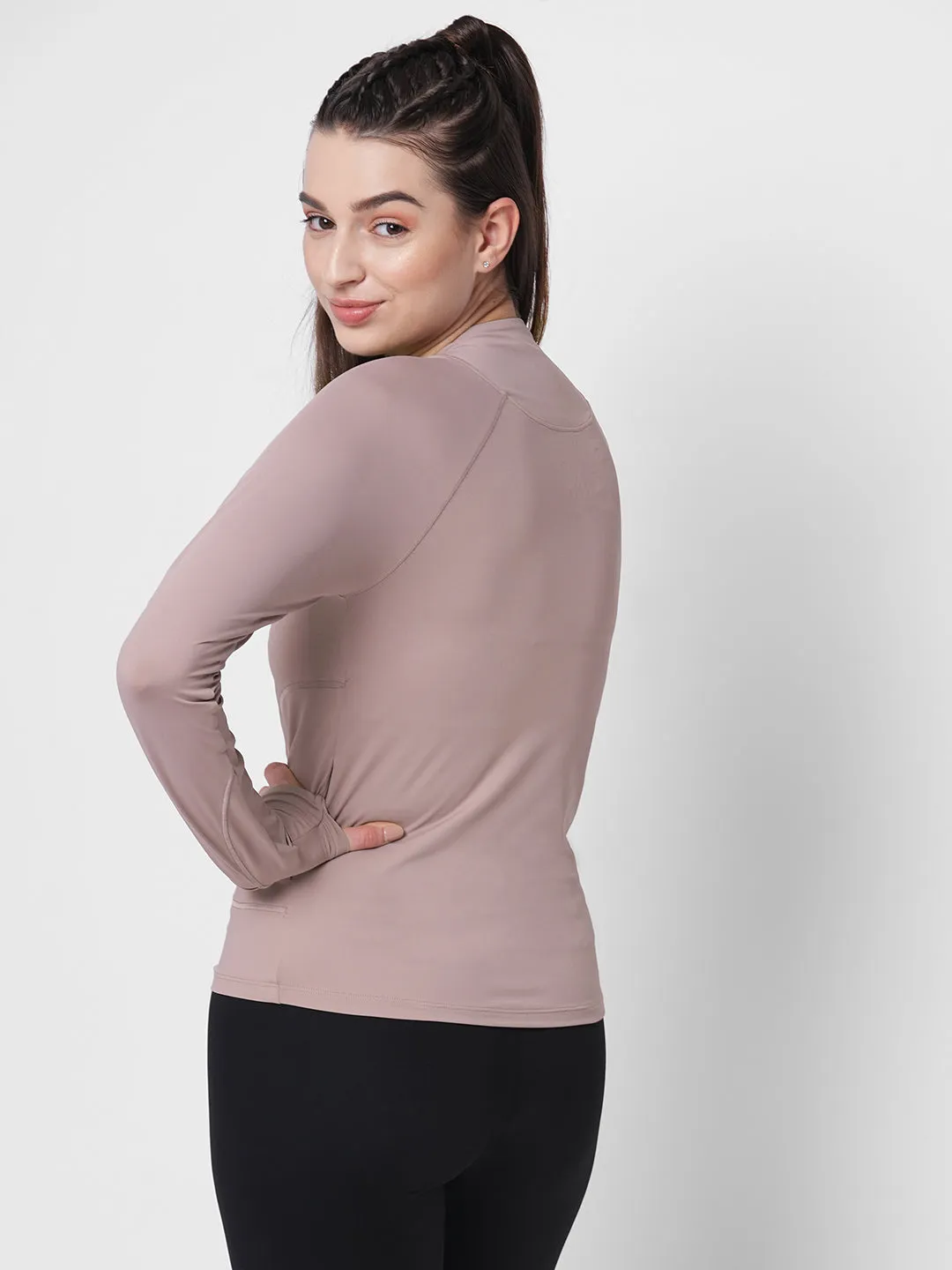 Fitkin women front zipper long sleeve tshirt with front pockets