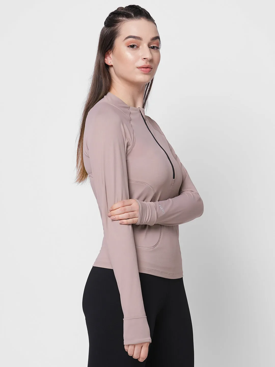 Fitkin women front zipper long sleeve tshirt with front pockets
