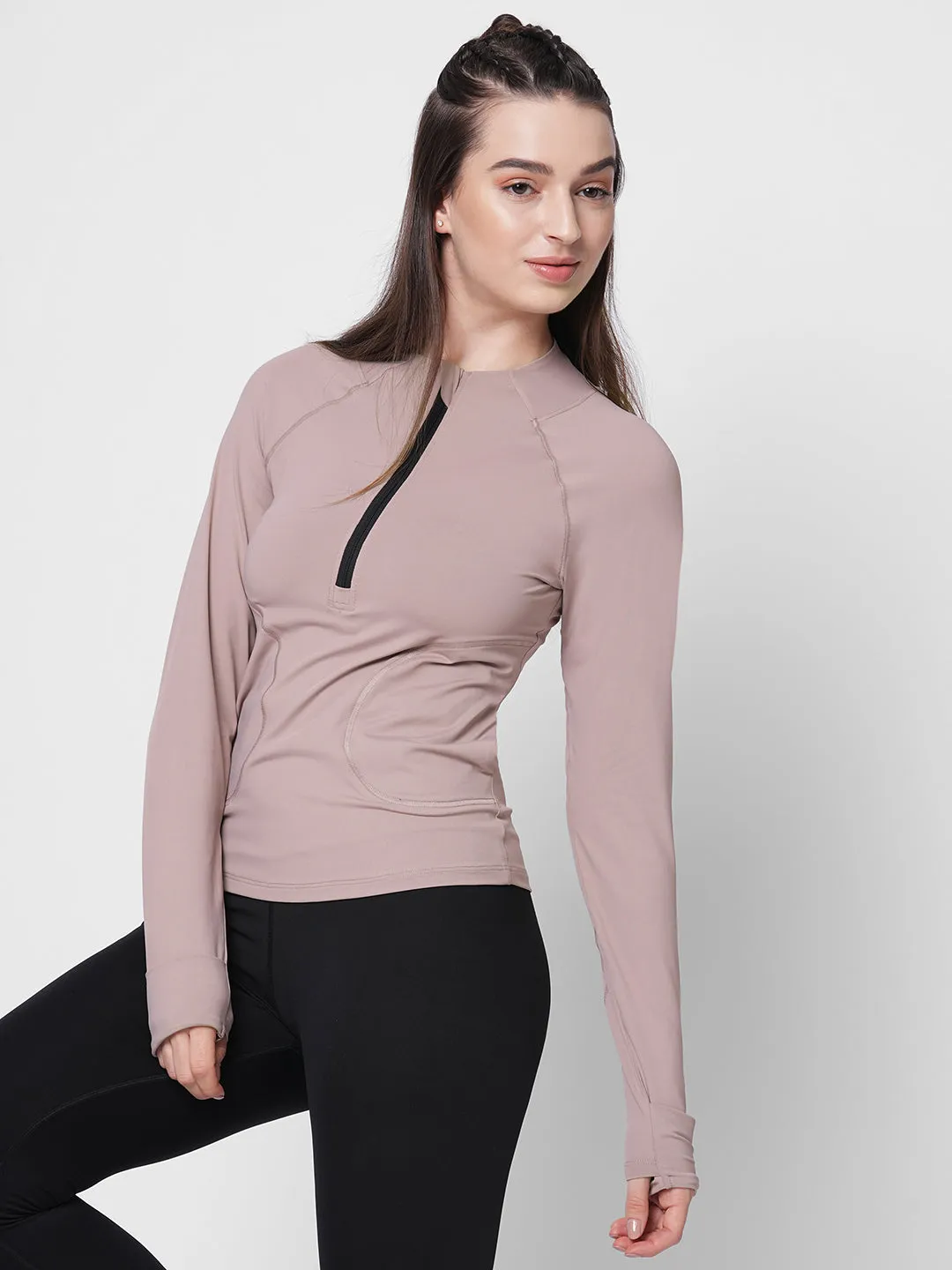 Fitkin women front zipper long sleeve tshirt with front pockets